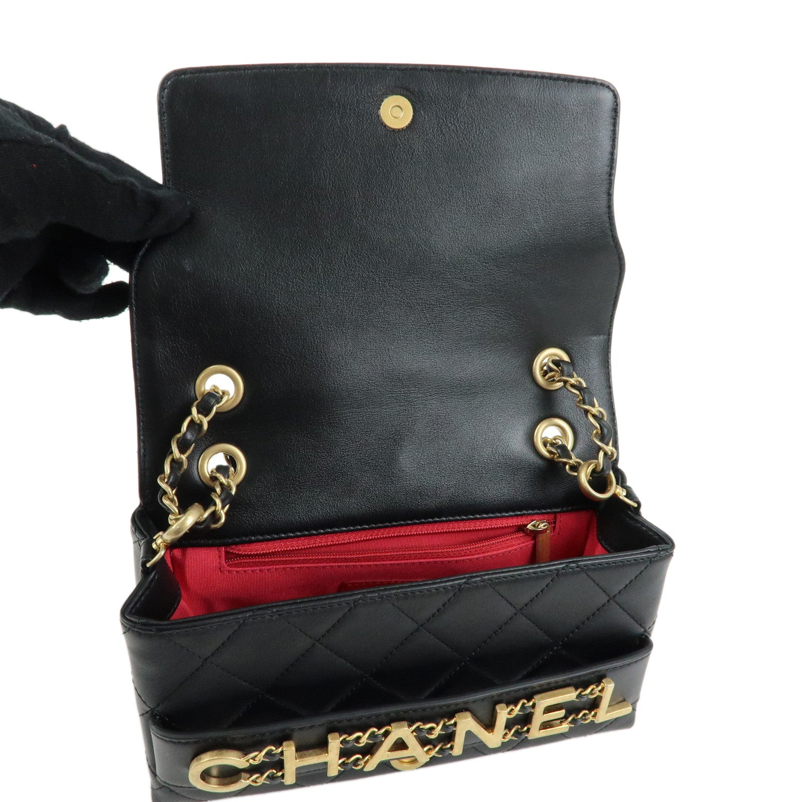 CHANEL Mini Matelasse Lamb Skin Logo Flap Chain Shoulder Bag Black