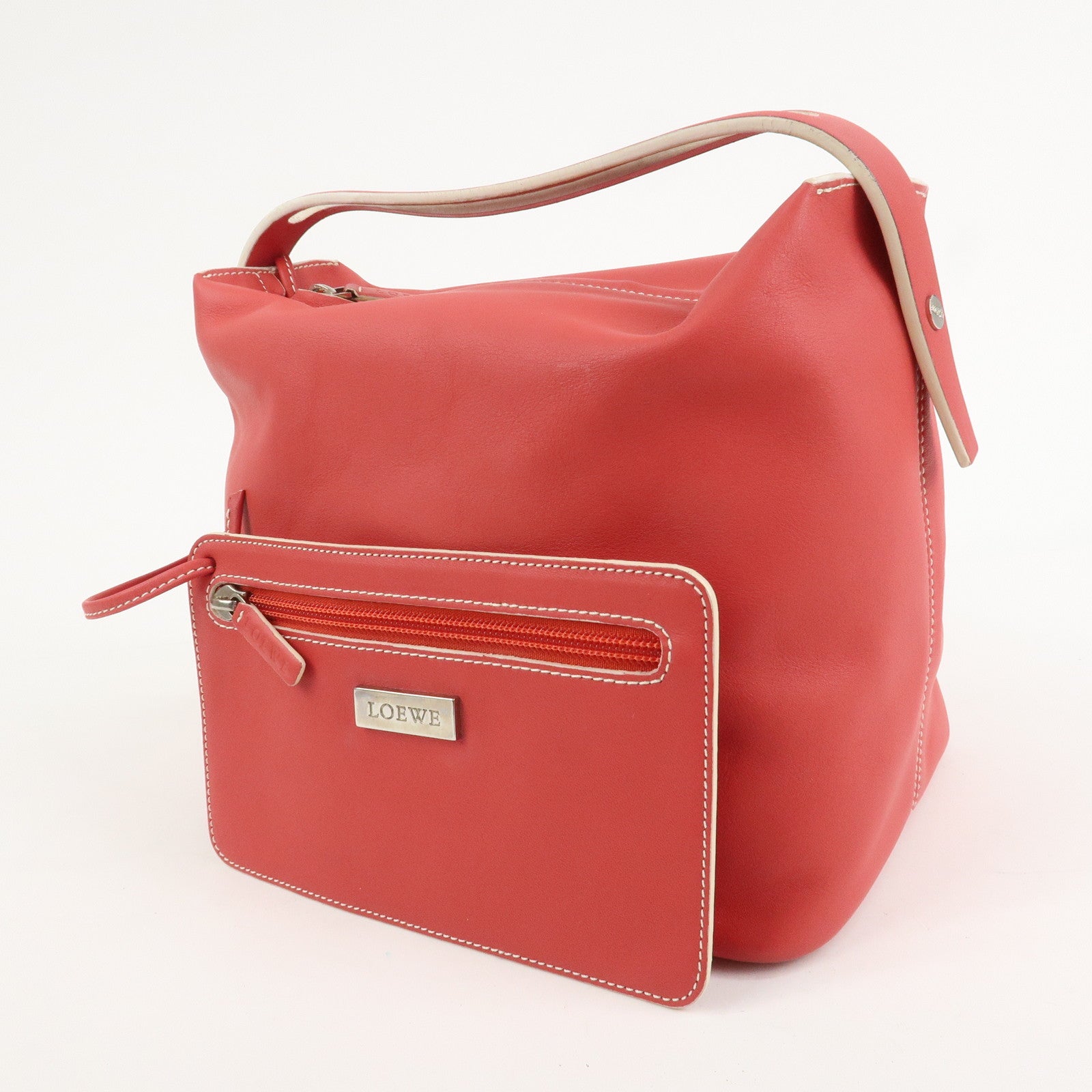 LOEWE Leather Hand Bag Red White Silver Hardware