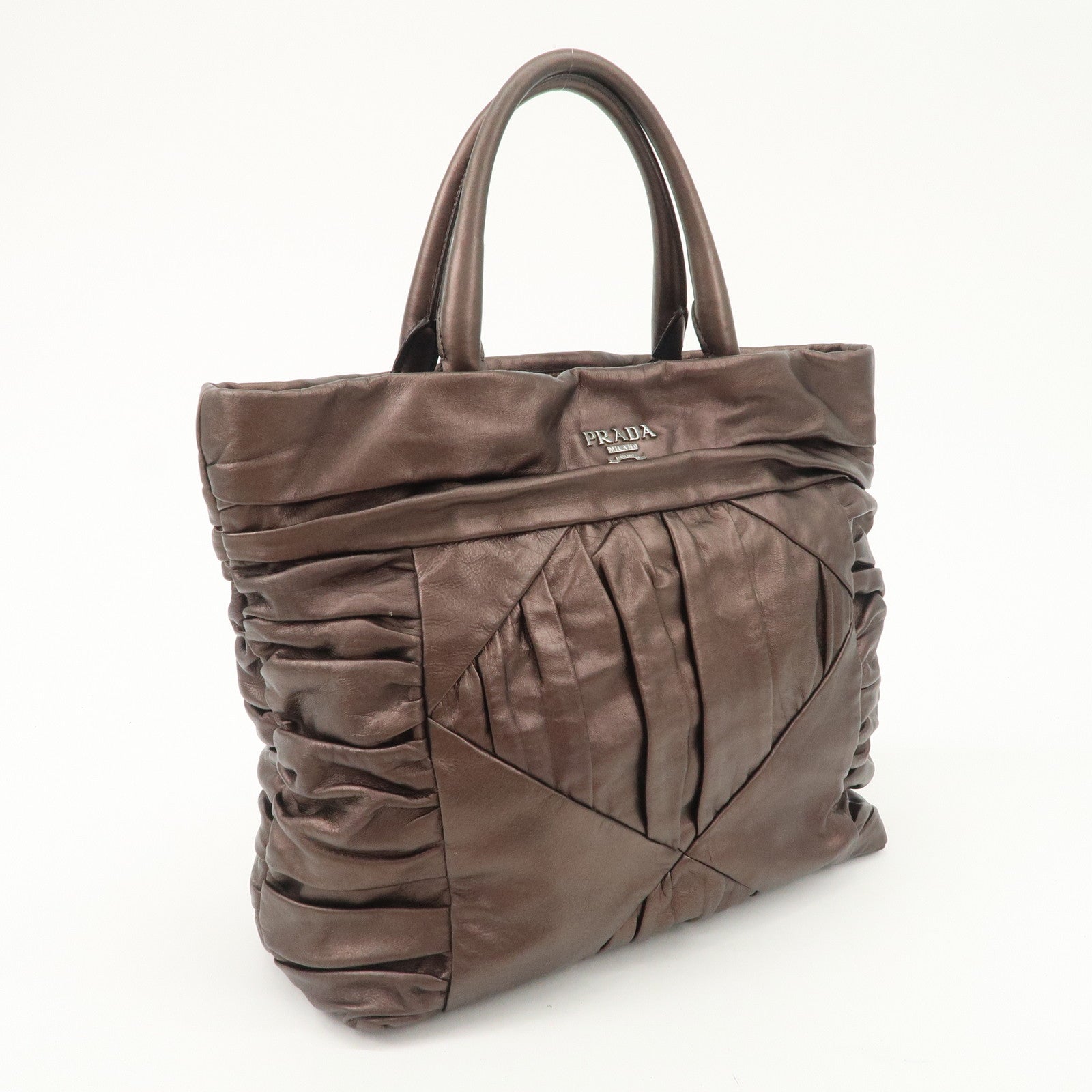 Prada Gathered Leather Tote Bag Hand Bag Bronze Silver HDW BN1719 Used