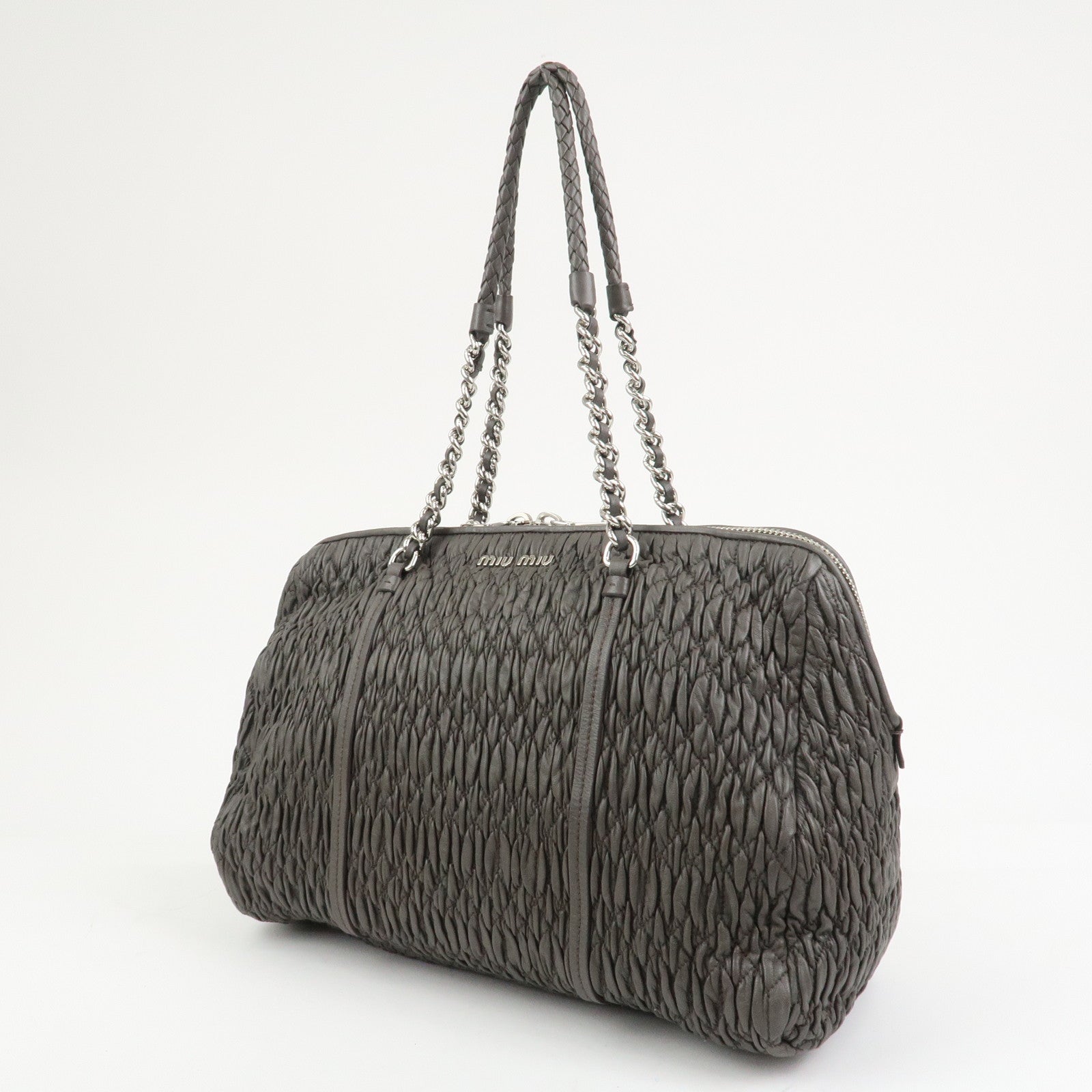 MIUMIU Logo Matelasse Nappa Leather Chain Shoulder Bag Gray