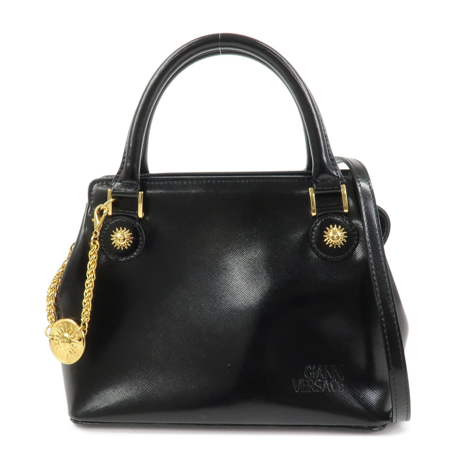 VERSACE Leather 2Way Hand Bag Shoulder Bag Black Gold