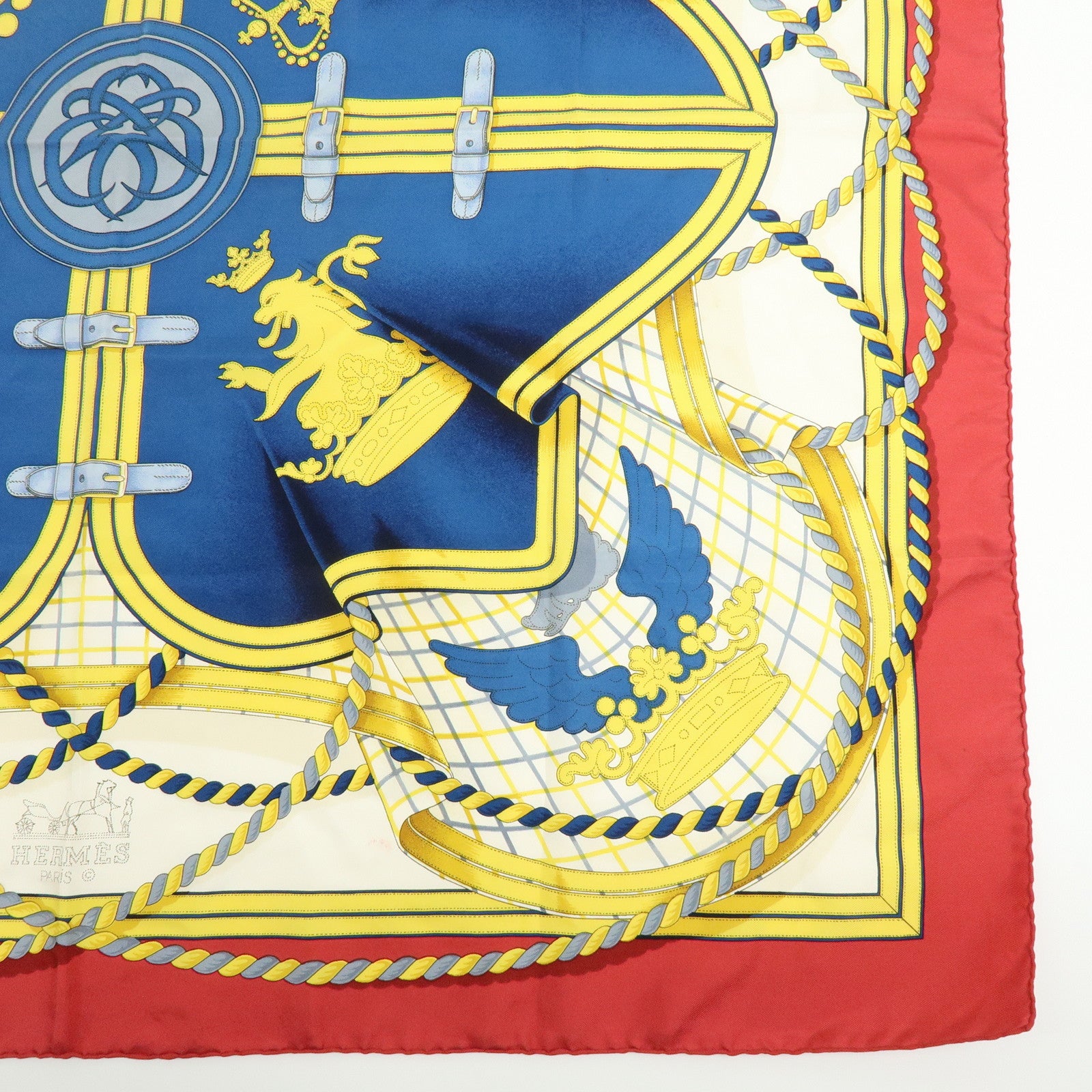 HERMES Carre 90 Silk 100% Scarf GRANDE TENUE Gold Navy Red