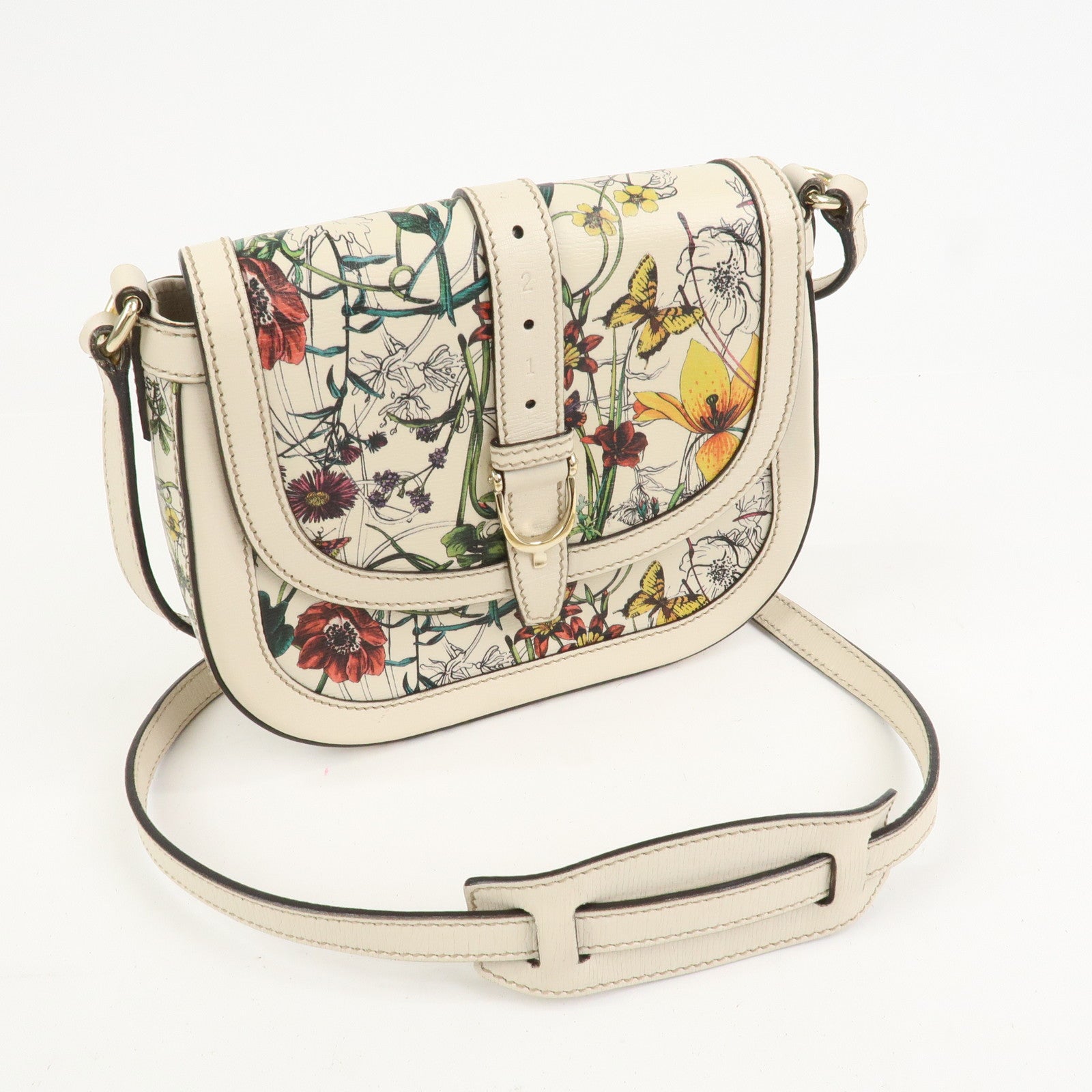 GUCCI Flora Leather Shoulder Bag Crossbody Bag Ivory 336749