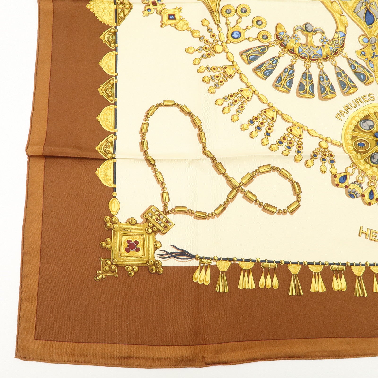 HERMES Carre 90 Silk 100% Scarf PARURES DES SABLES Gold Brown Used
