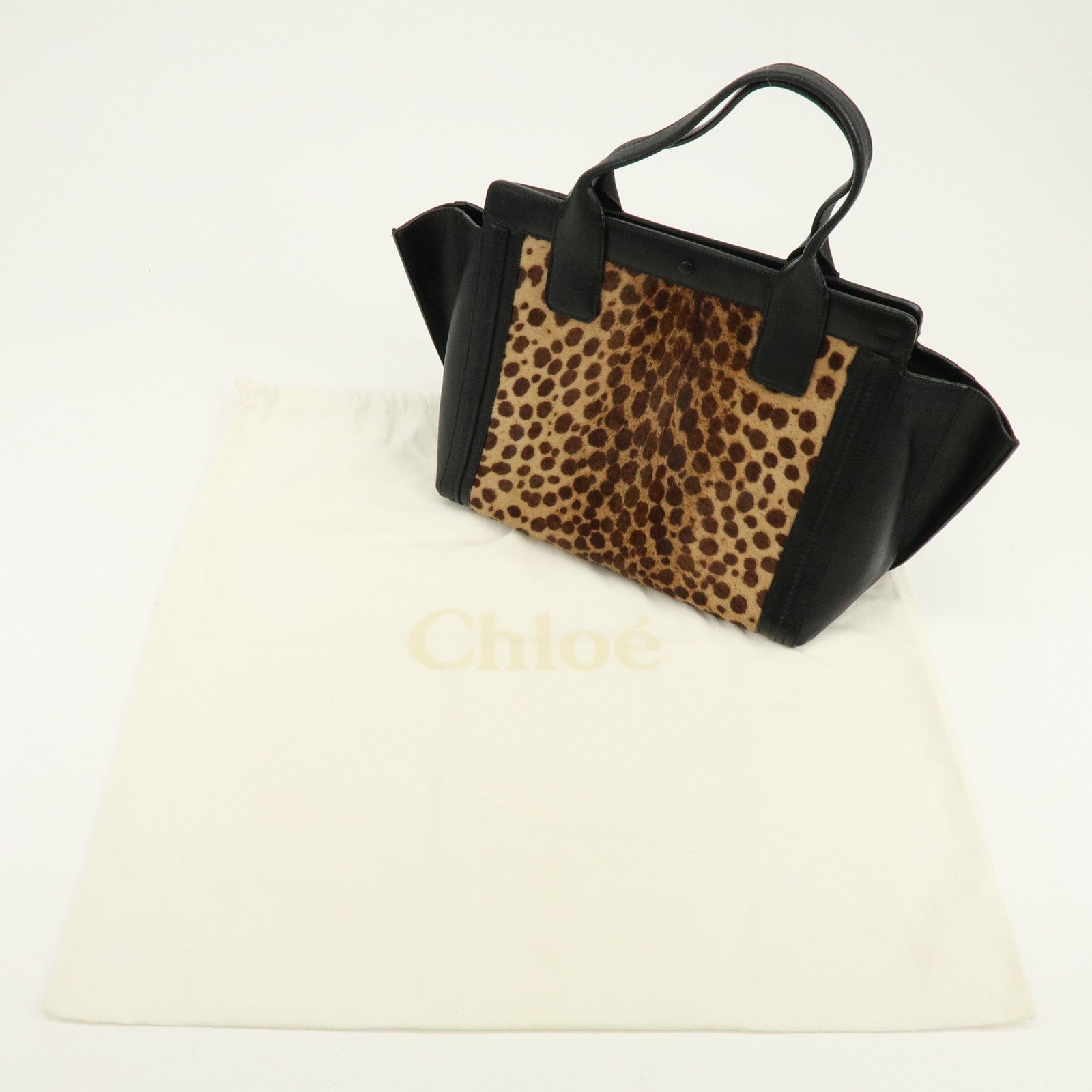 Chloe Allison Unborn Calf Leather Tote Bag Hand Bag Leopard Black