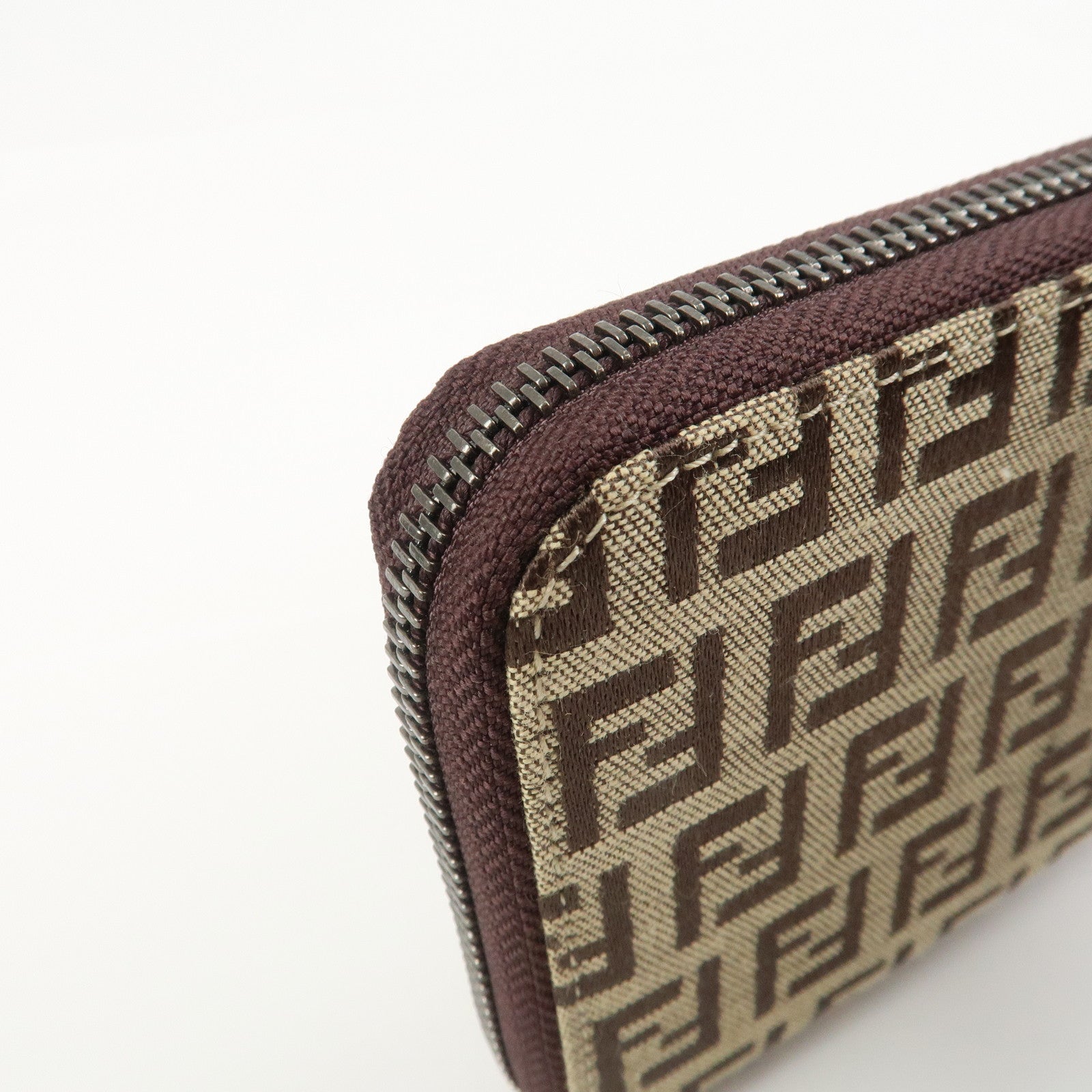 FENDI Zucchino Canvas Leather Round Zippy Long Wallet Brown 8M0024