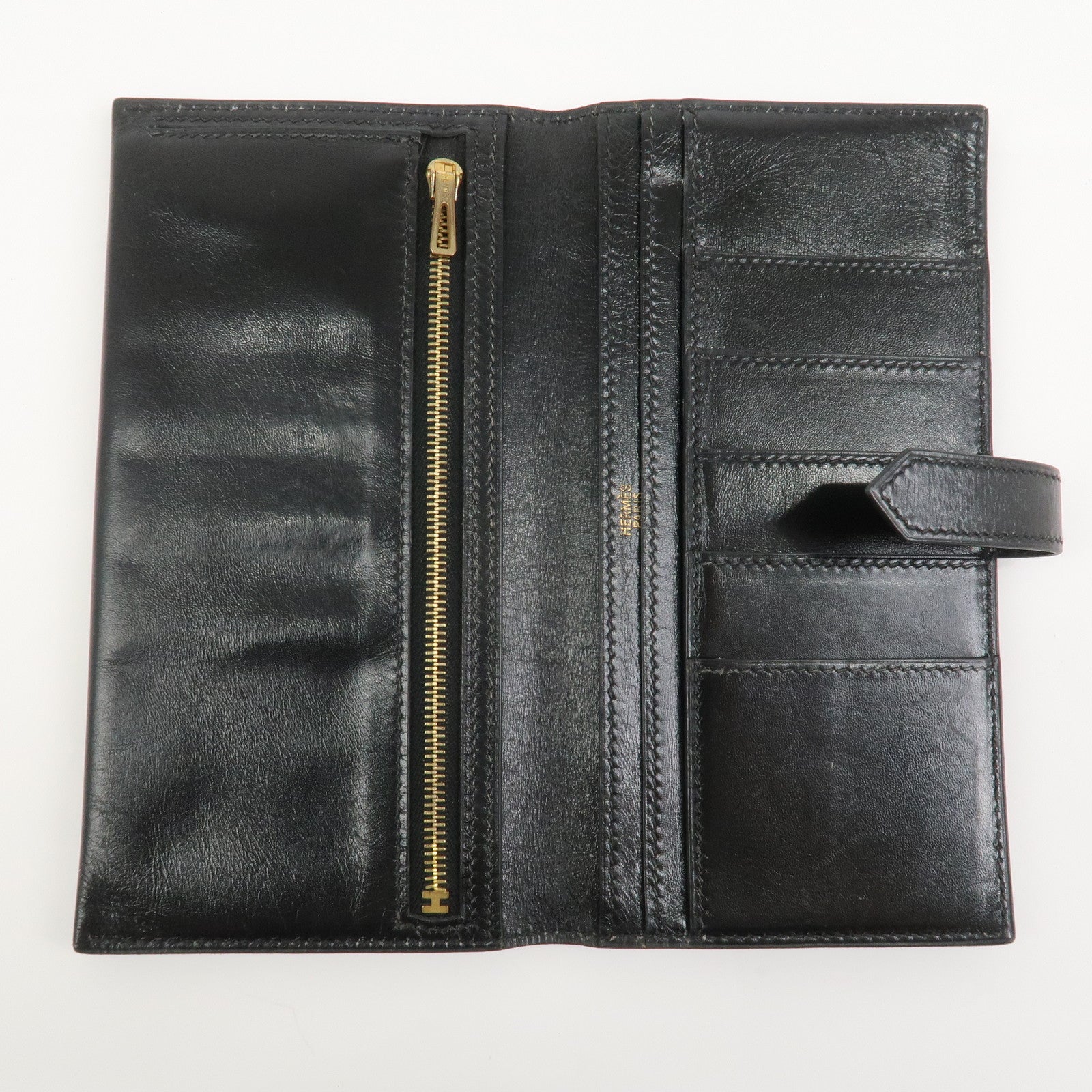 HERMES Bearn Classic Box Calf □E Stamped Bi-Fold Long Wallet Black