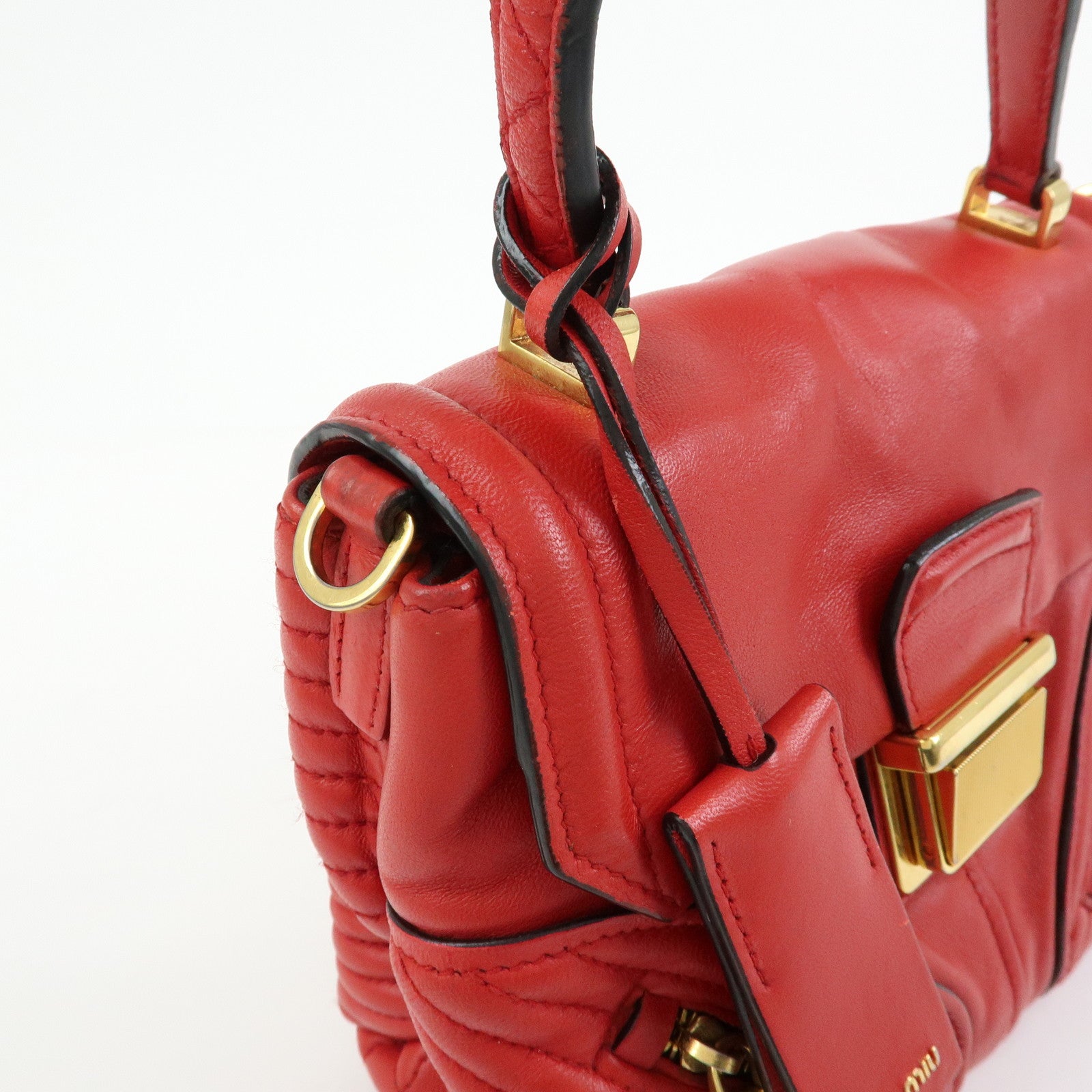 MIU MIU Leather 2Way Bag Hand Bag Shoulder Bag Crossbody Bag Red
