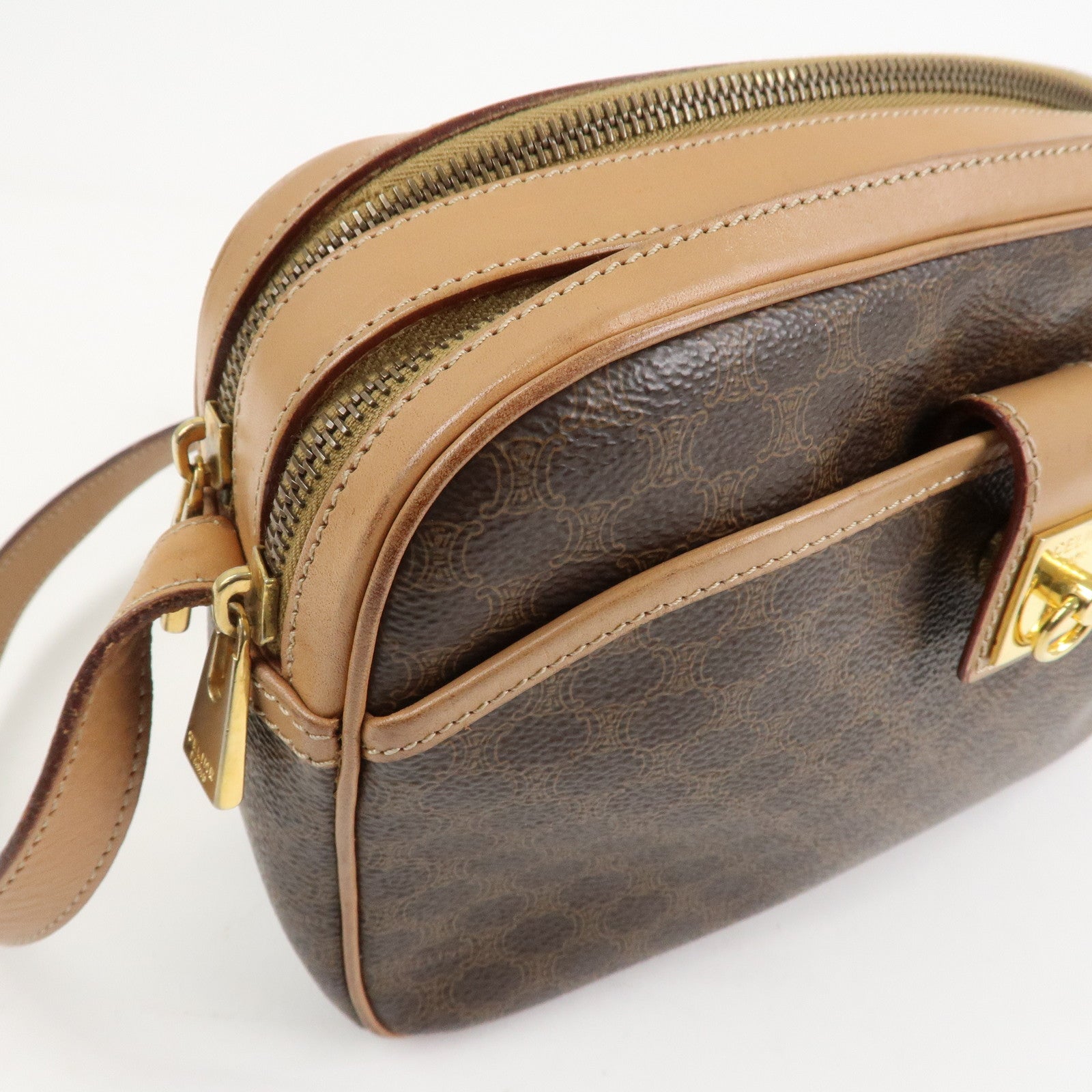 CELINE Macadam Leather Shoulder Bag Beige Brown Gold Hardware