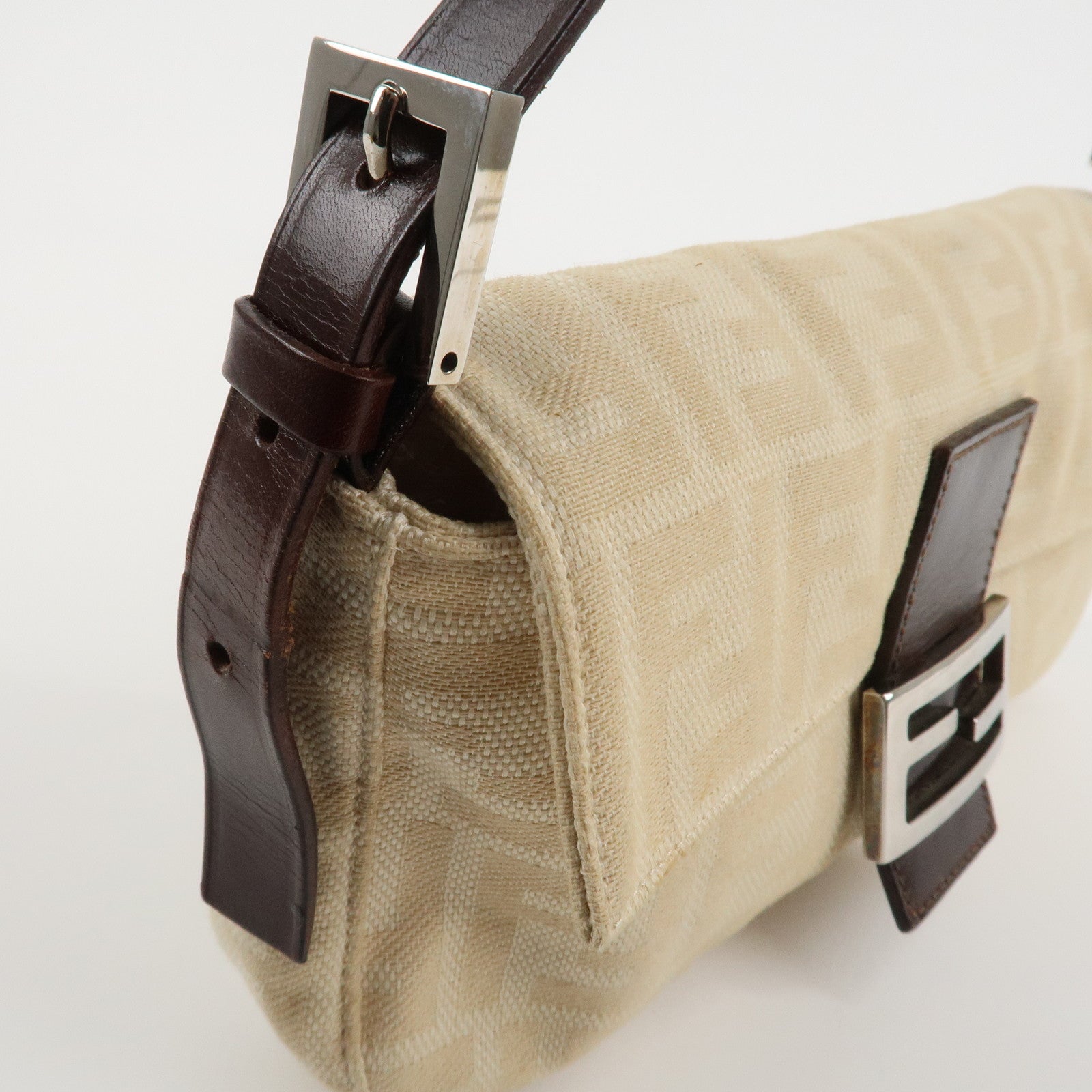 FENDI Mamma Baguette Zucca Leather Canvas Hand Bag Beige Brown 26424 Used