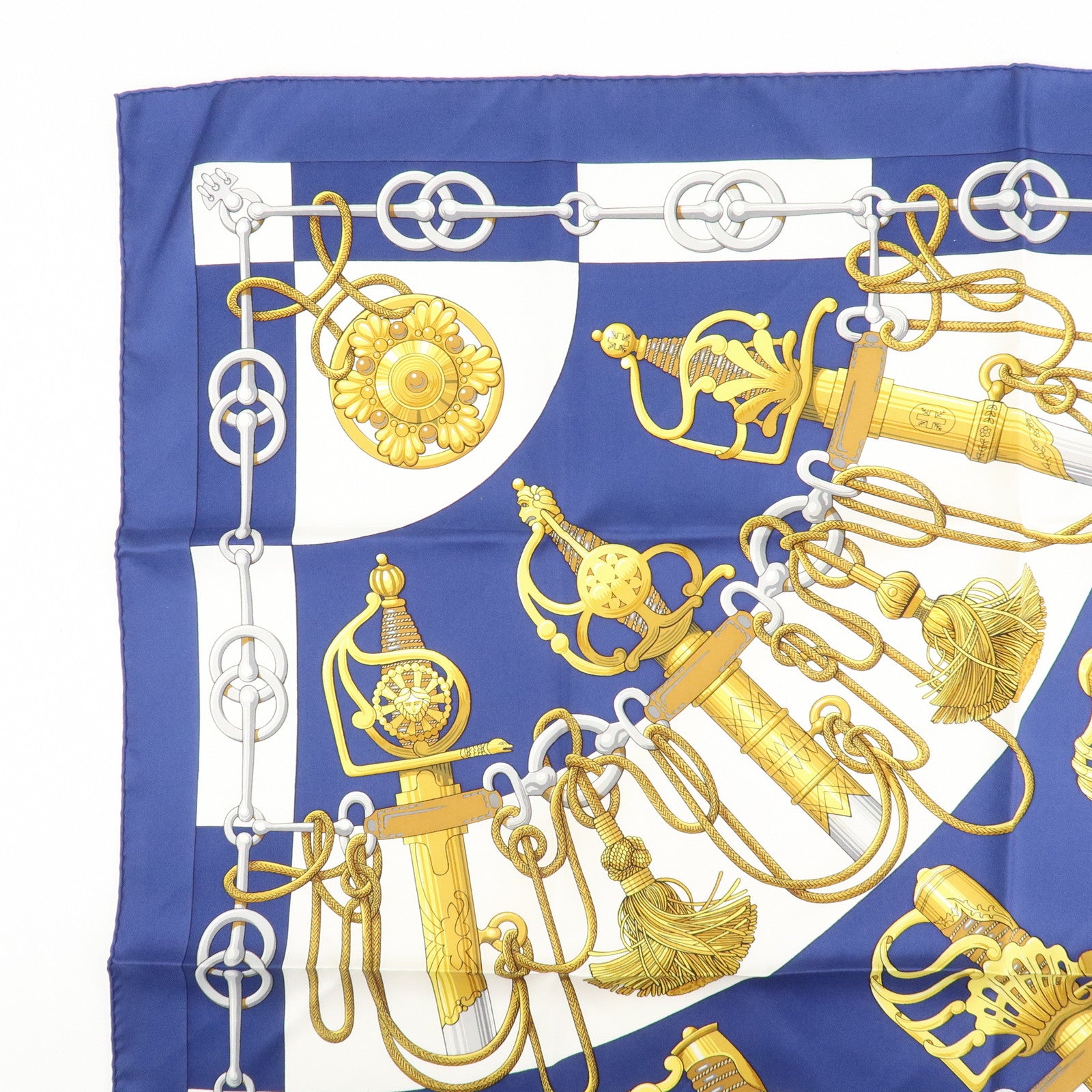 HERMES Carre 90 Silk 100% Scarf Cliquetis Gold Navy White Used