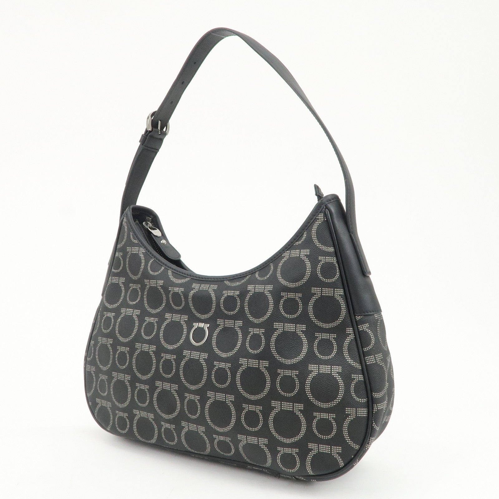 Ferragamo Gancini Logo PVC Leather Shoulder Bag Hand Bag Black