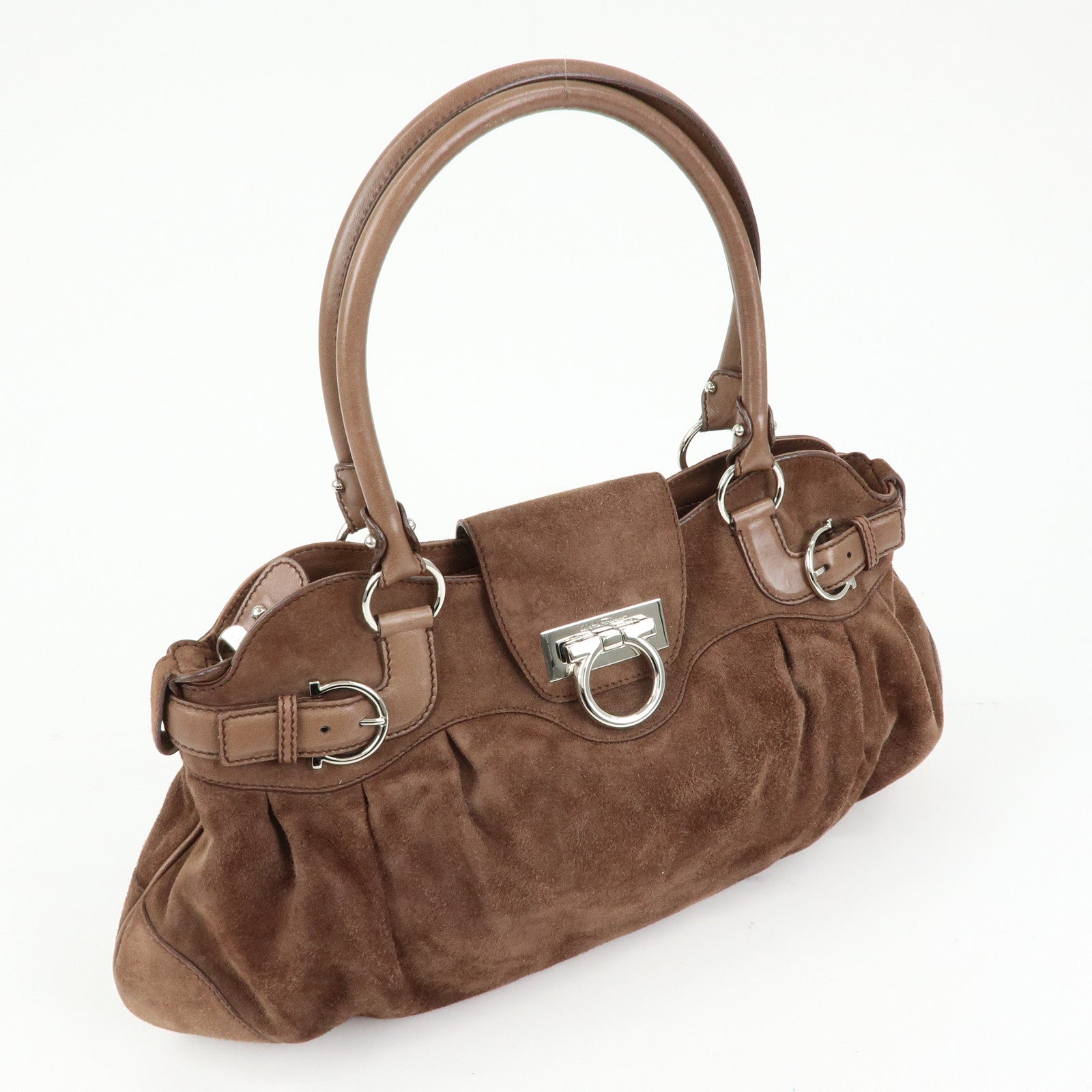 Ferragamo Gancini Suede Leather Shoulder Bag Hand Bag Brown