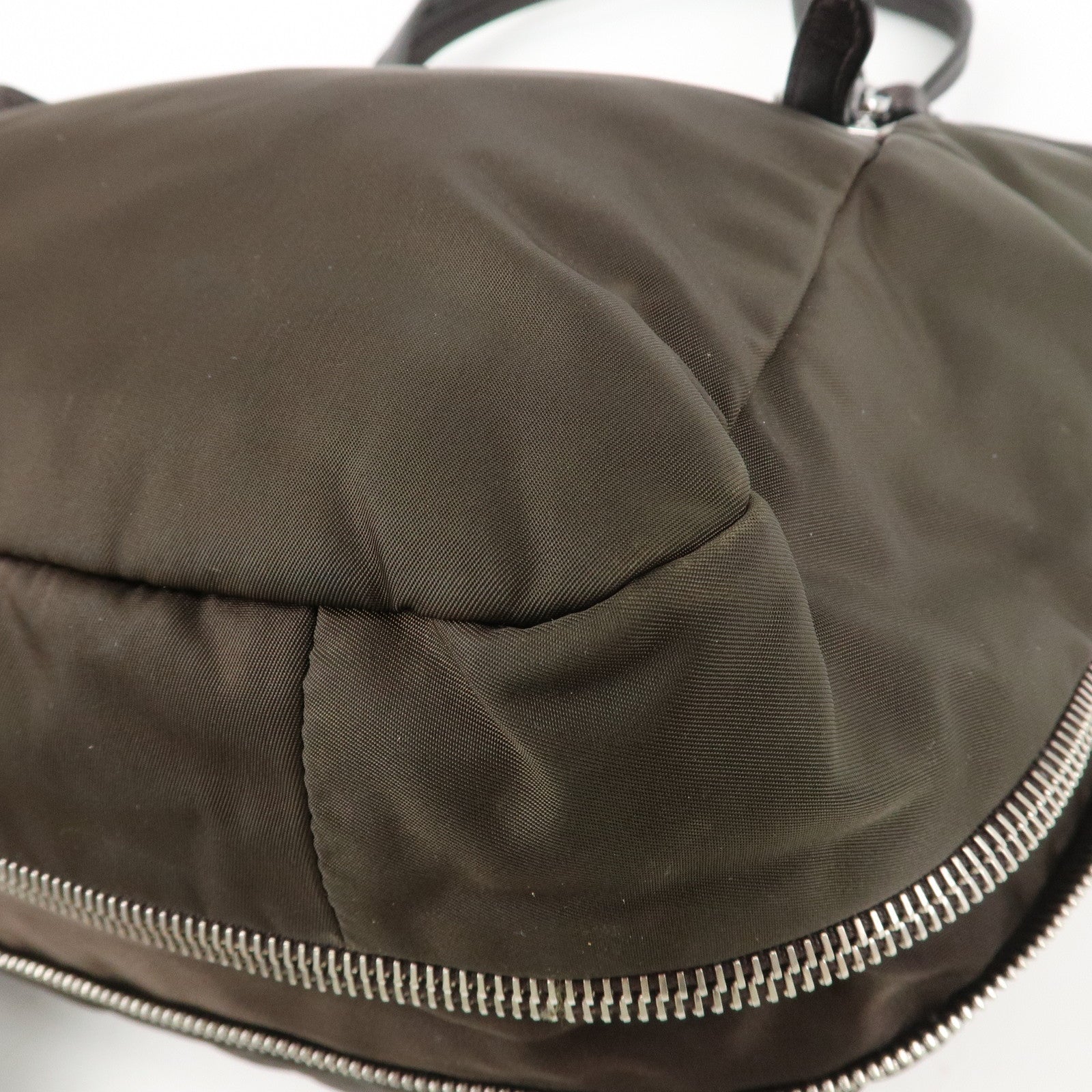 PRADA Logo Nylon Leather Tote Bag Shoulder Bag Khaki Metallic Brown Used