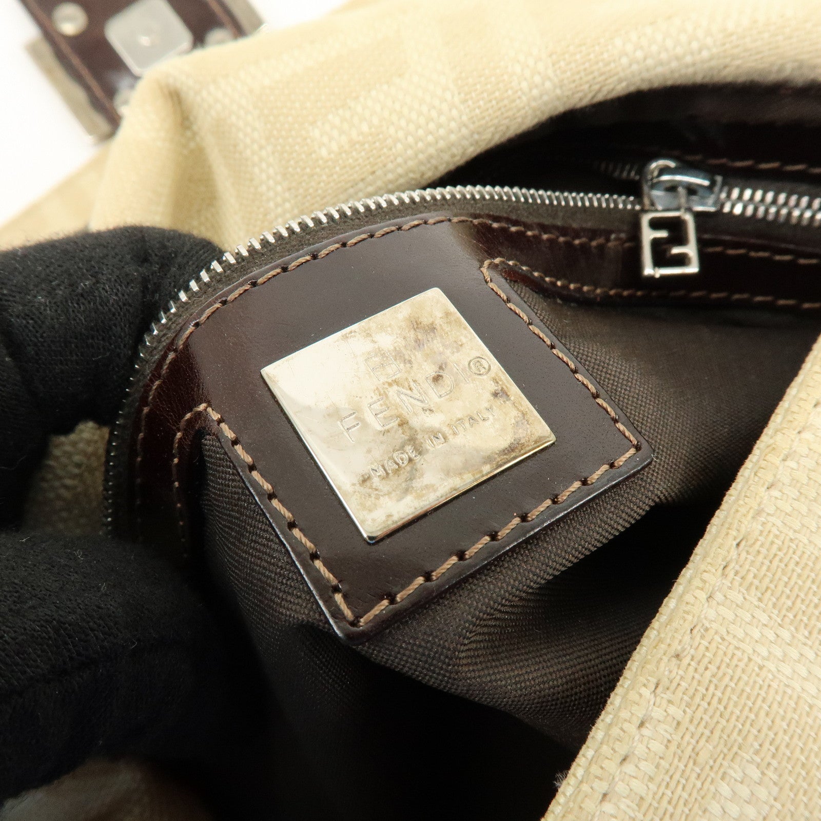 FENDI Mamma Baguette Zucca Canvas Leather Shoulder Bag Ivory 26325