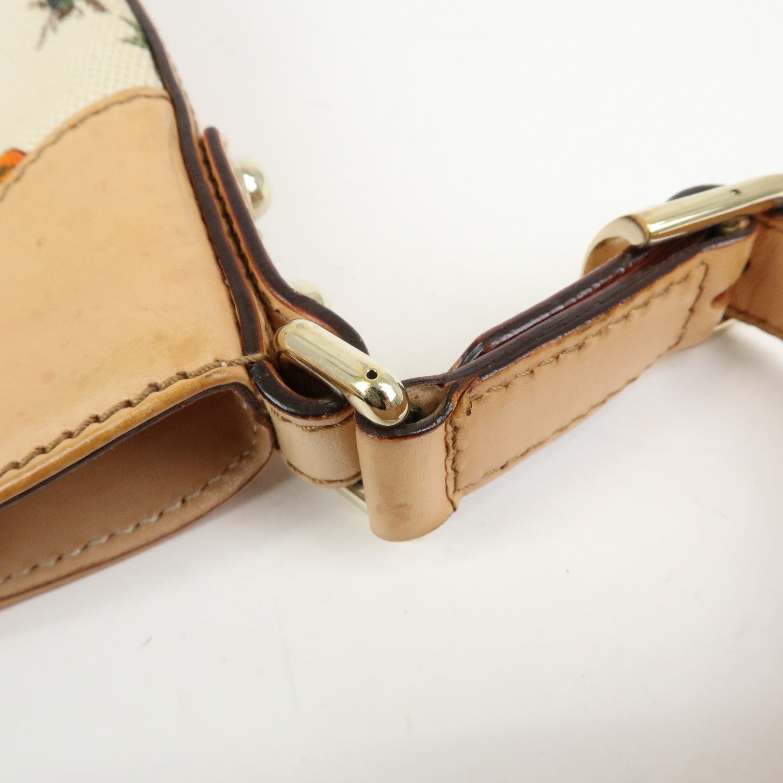 GUCCI Horsebit Flora Leather Canvas Shoulder Bag Beige White 137388