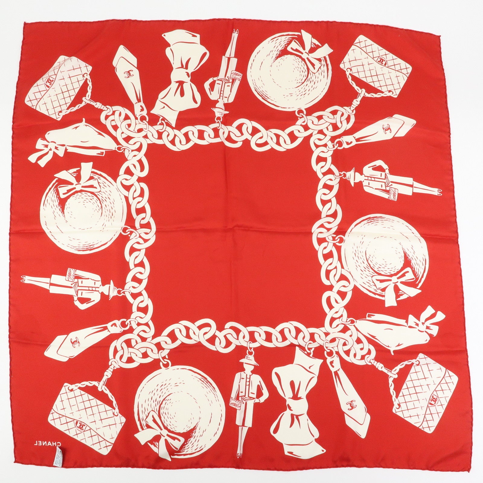 CHANEL Silk 100% Scarf Matelasse Bag Motif Red White