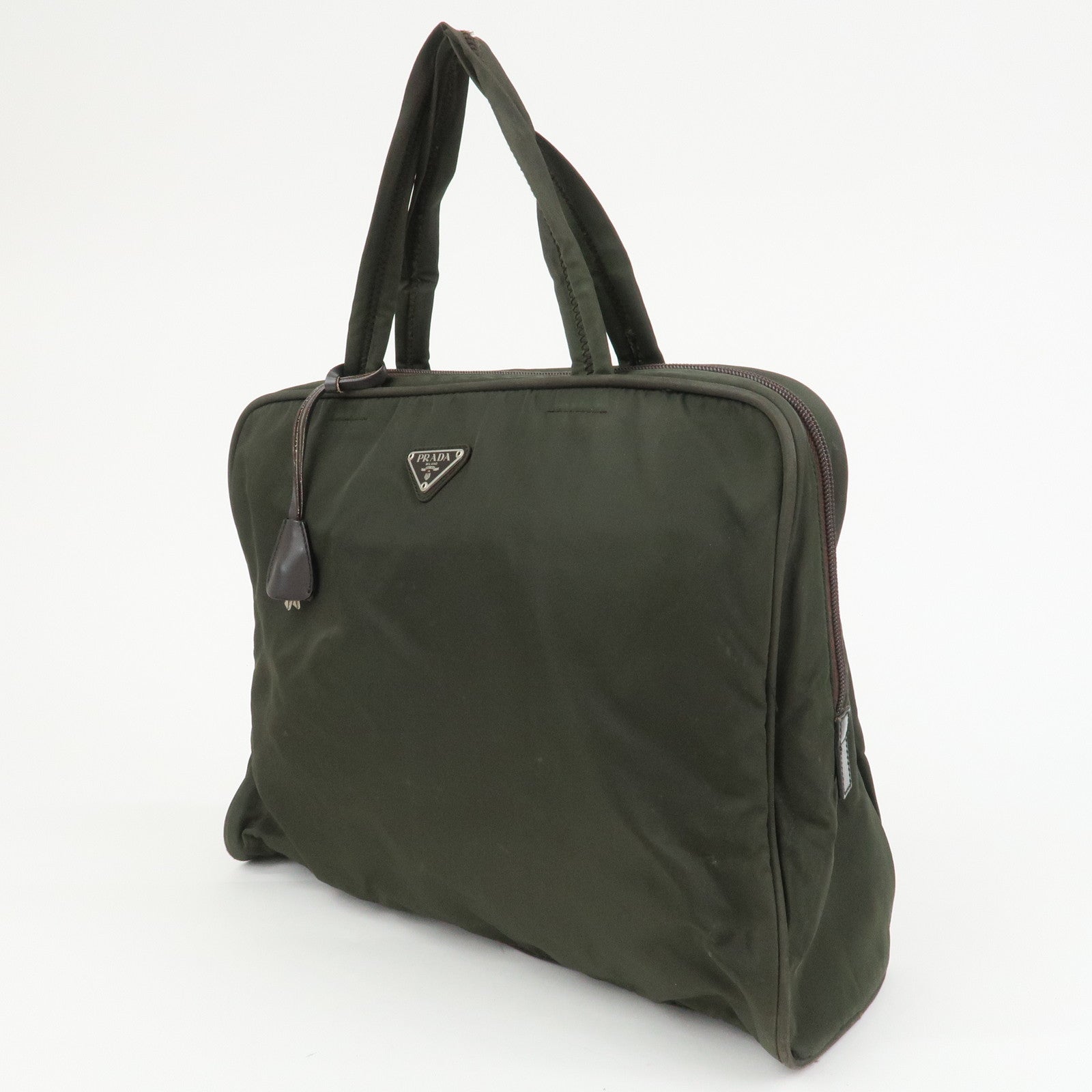 PRADA Triangle Logo Nylon Brief Case Tote Bag Khaki B8493