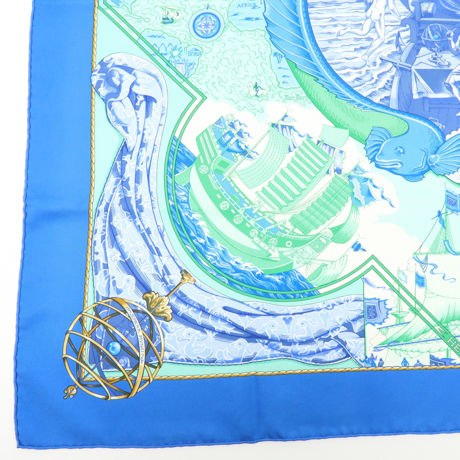 HERMES Carre 90 Silk 100% Scarf Au-dela des cinq mers Blue Green