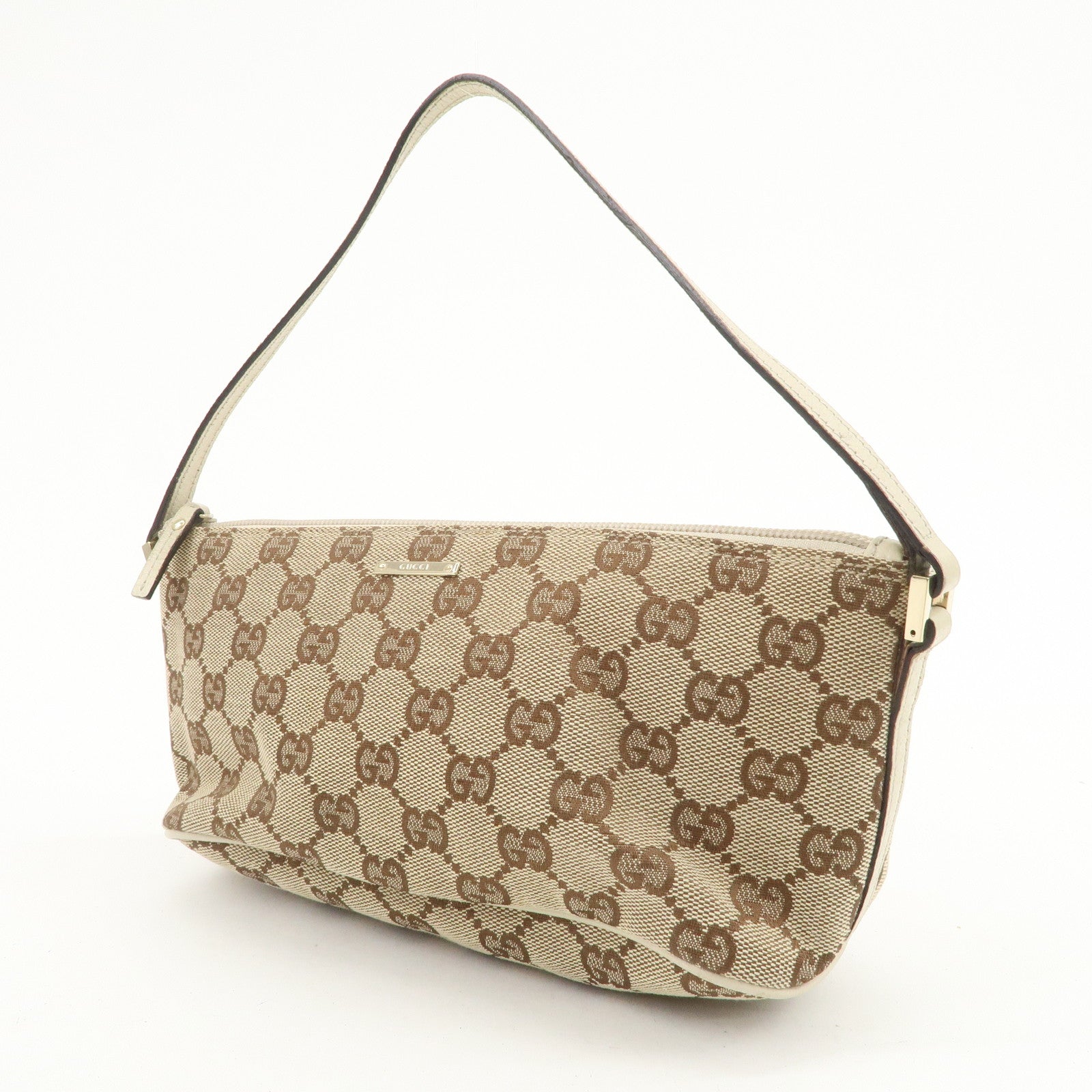 GUCCI Boat Bag GG Canvas Leather Hand Bag Pouch Brown Ivory 07198