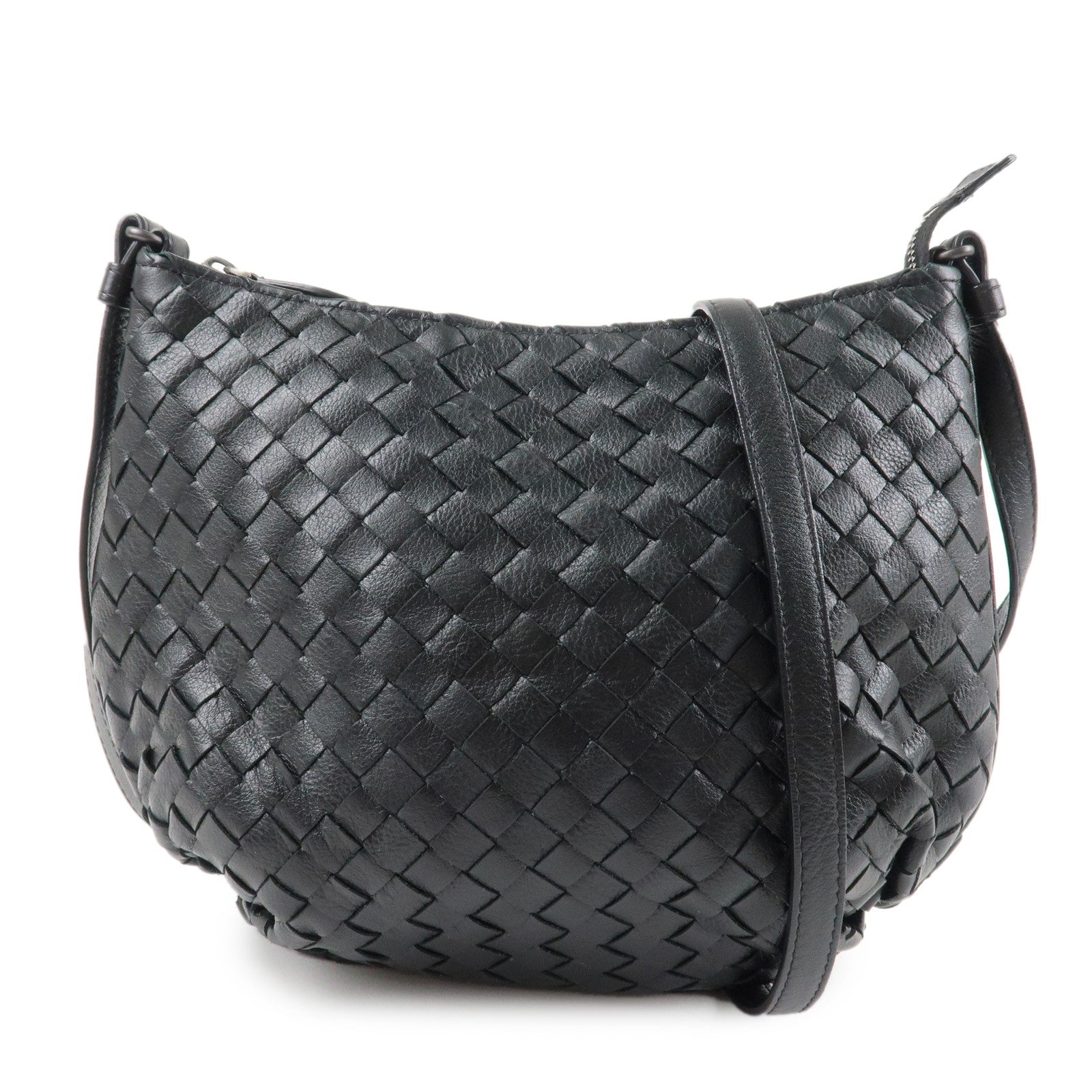 BOTTEGA VENETA Intrecciato Leather Shoulder Bag Black Used