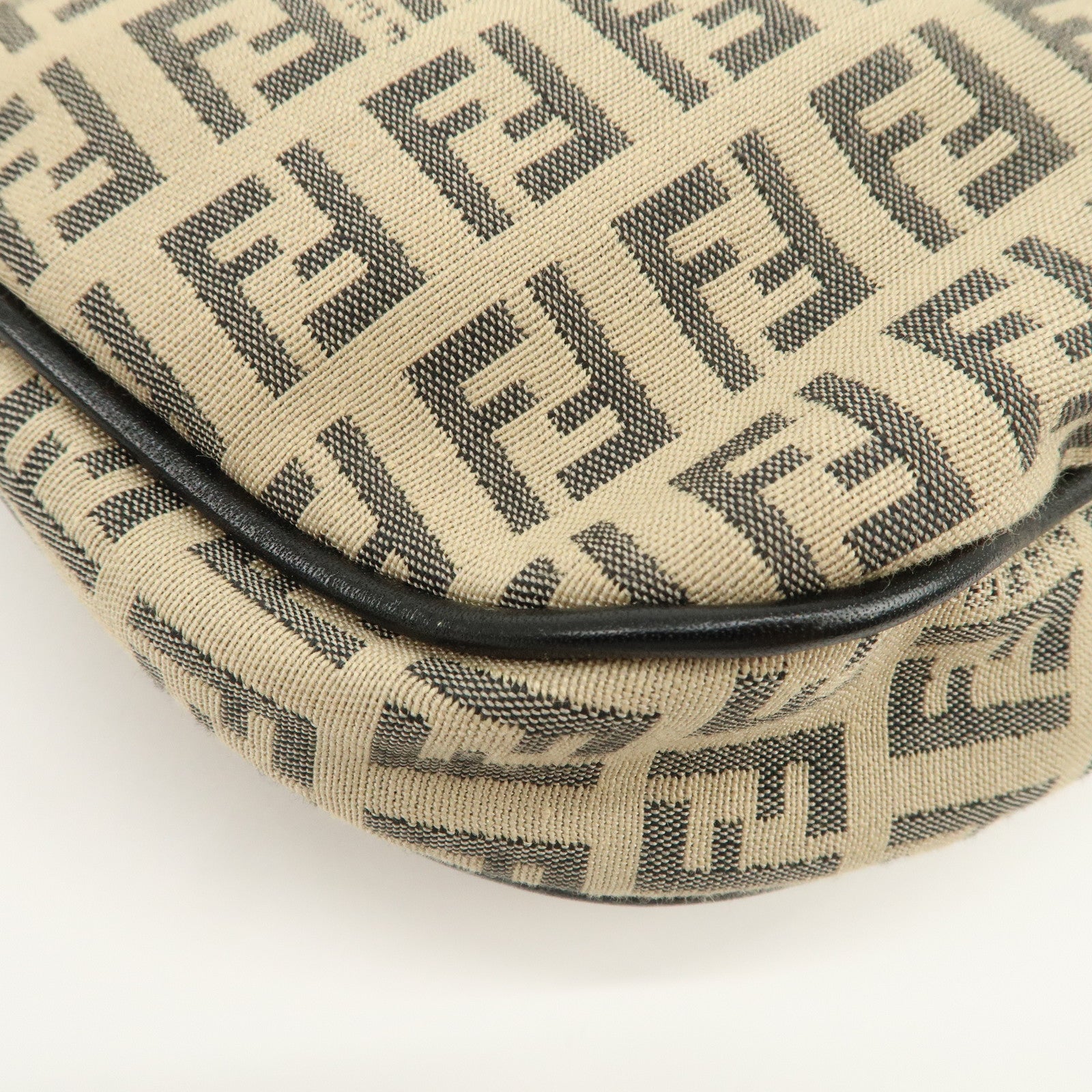 FENDI Zucchino Canvas Leather Shoulder Bag Beige Black 8BR312