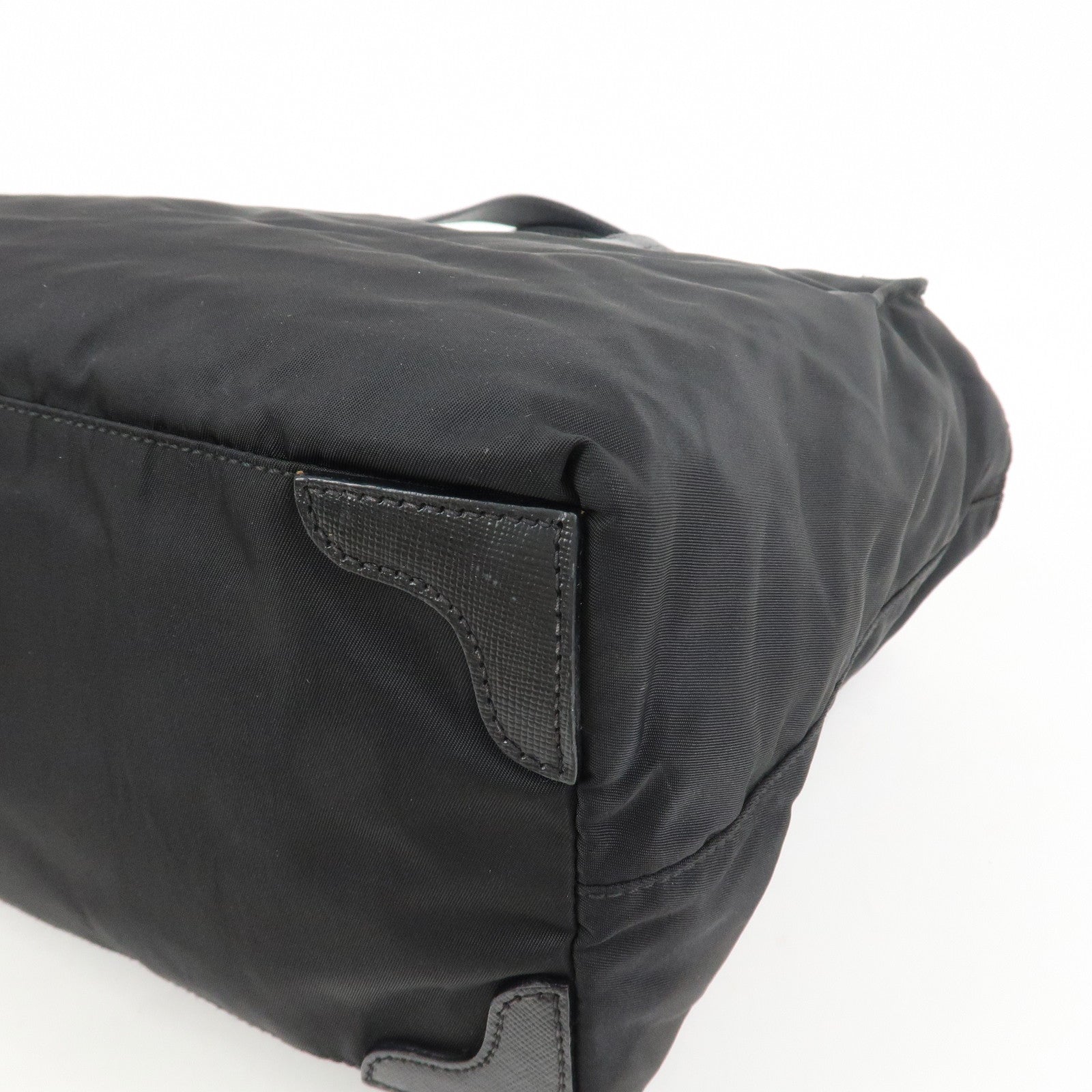 PRADA Triangle Logo Nylon Saffiano Leather Tote Shoulder Bag Black