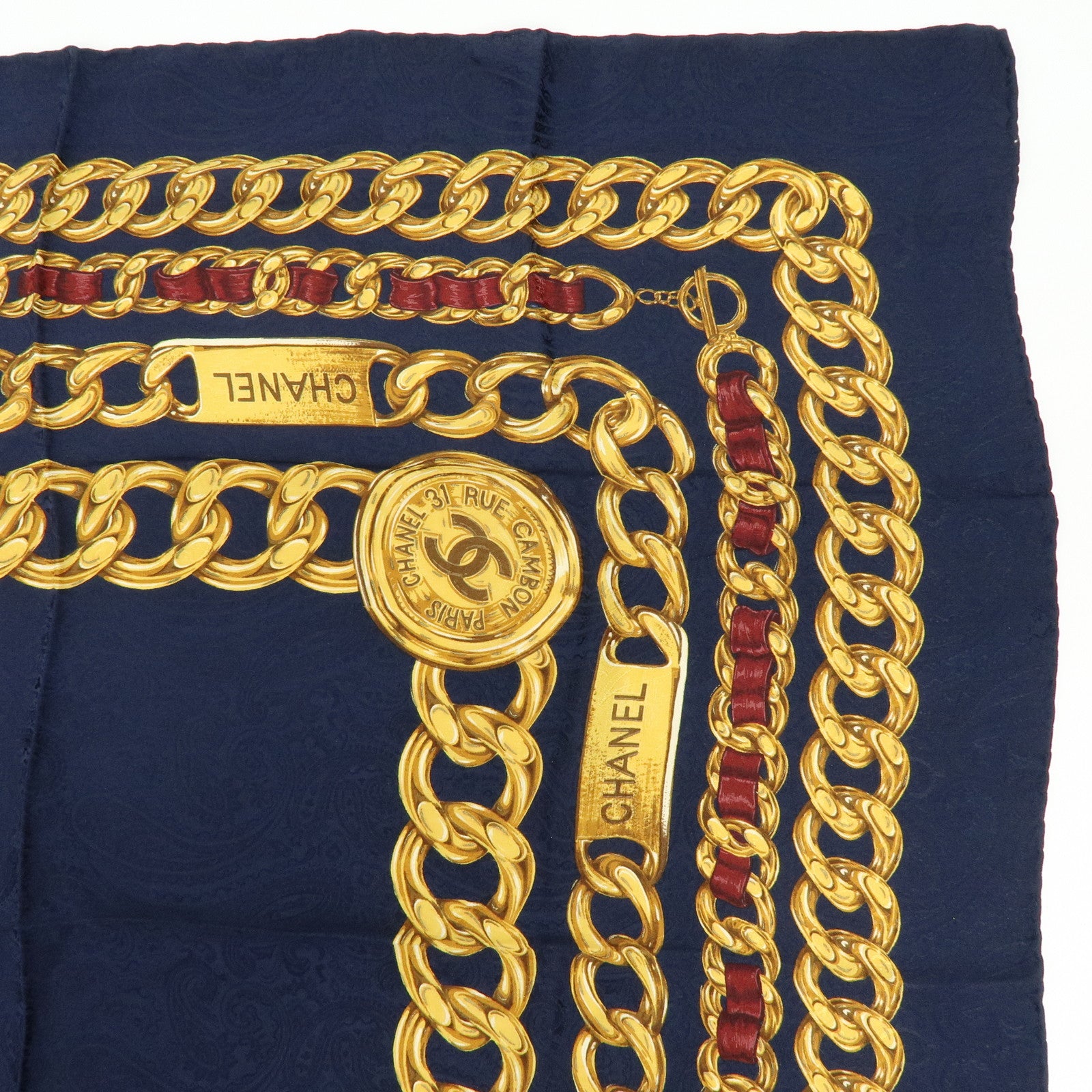 CHANEL COCO Mark Silk 100% Scarf Chain Motif Navy Gold