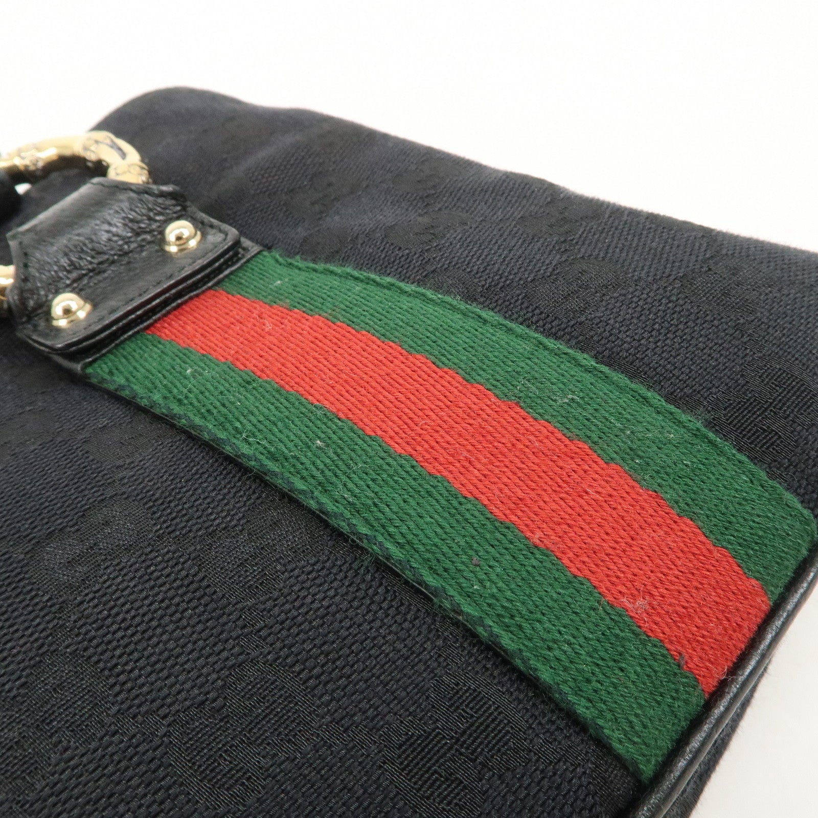 GUCCI Sherry Canvas Leather Tote Bag Hand Bag Black 131324 Used