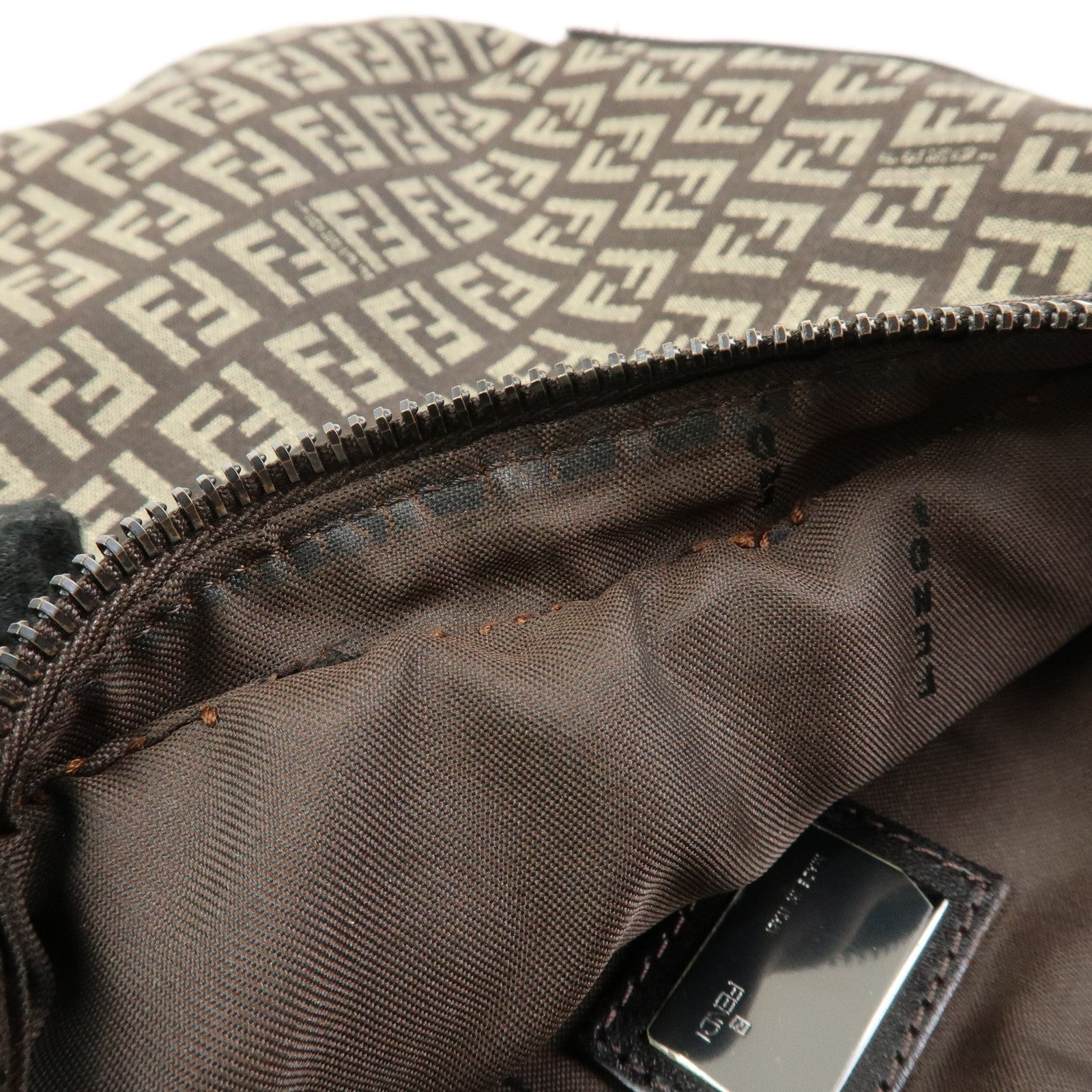 FENDI Zucchino Canvas Leather Shoulder Bag Dark Brown 8BR228