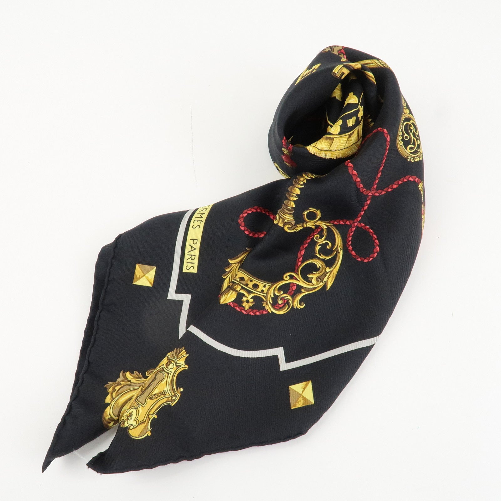 HERMES Carre 90 Silk 100% Scarf LES CLES THE KEYS RARE Black Gold Used