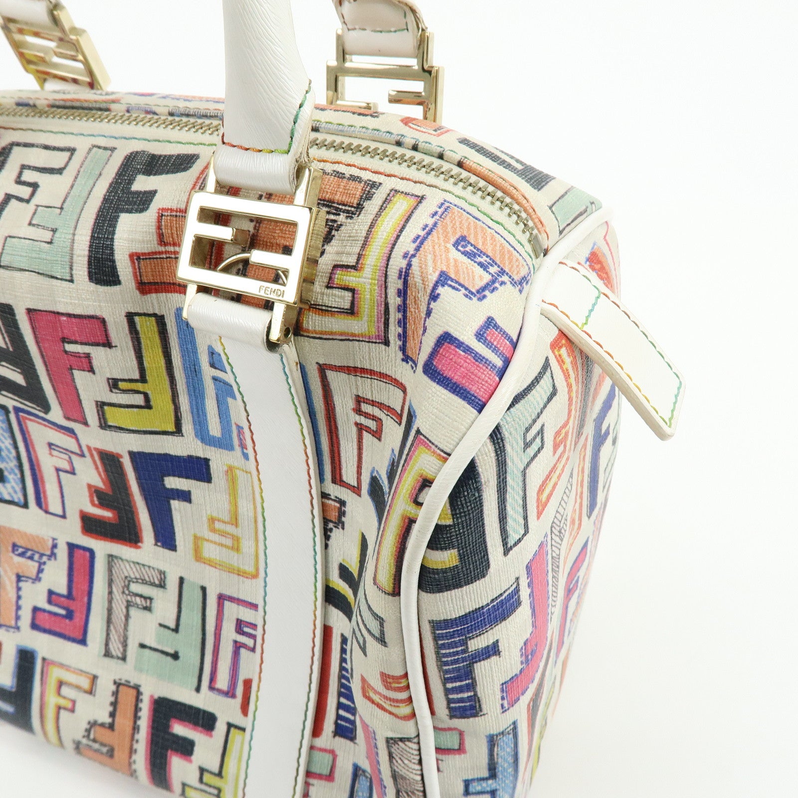 FENDI Zucca PVC Canvas Leather Boston Bag White Multicolor 8BL068