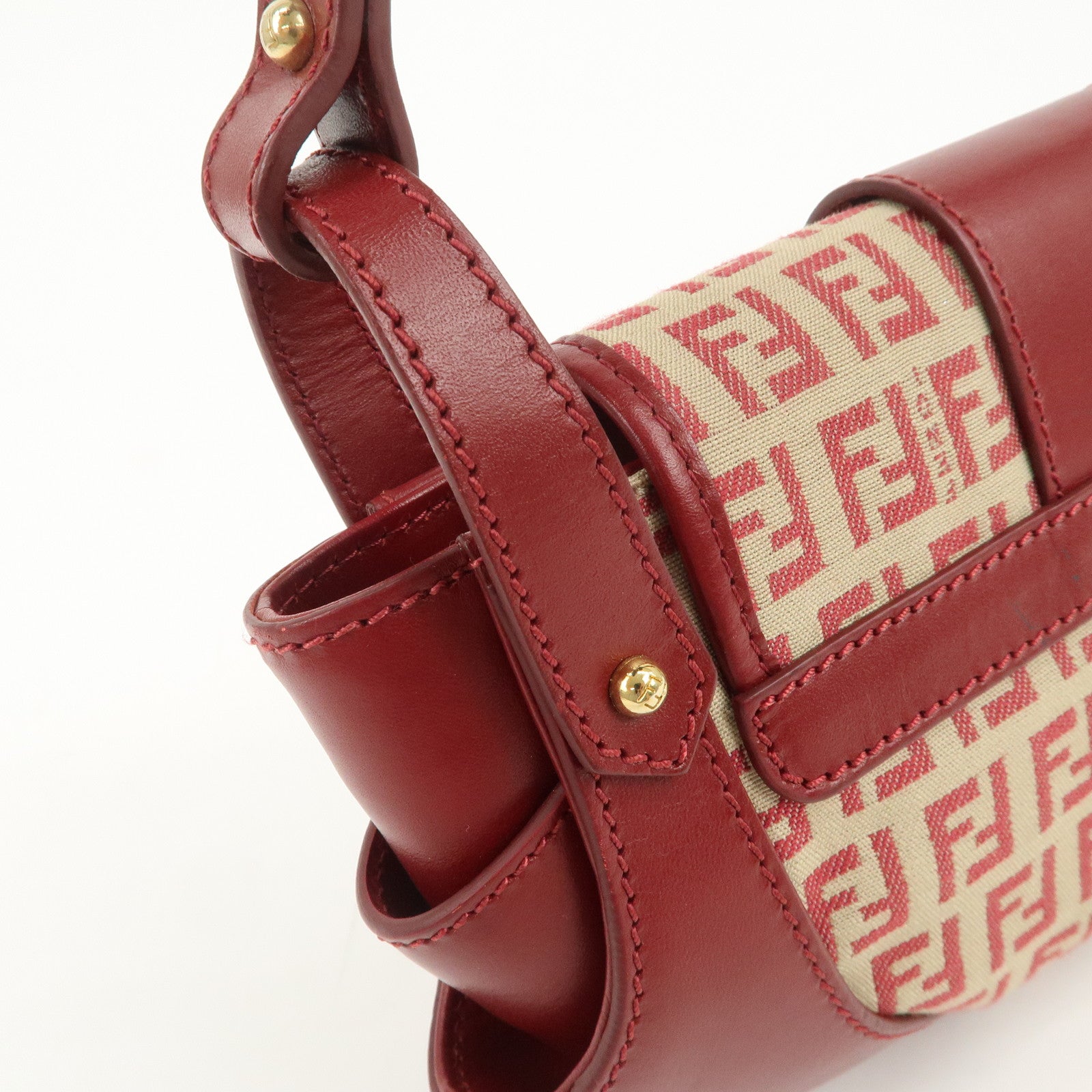 FENDI Zucchino Canvas Leather Turn Lock Shoulder Bag Red 8BR429
