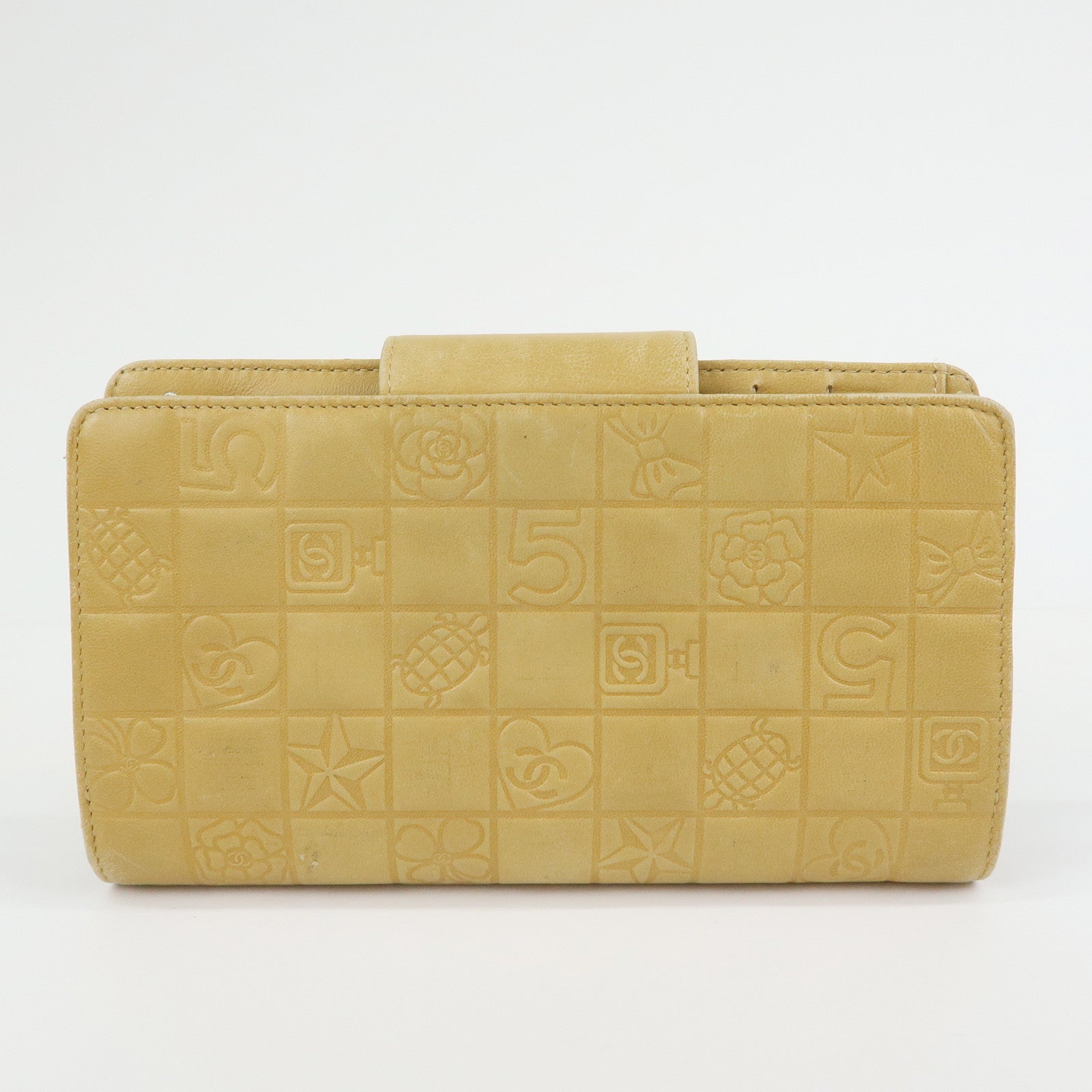 CHANEL Chocolate Bar Lamb Skin Long Wallet Yellow Beige A82281