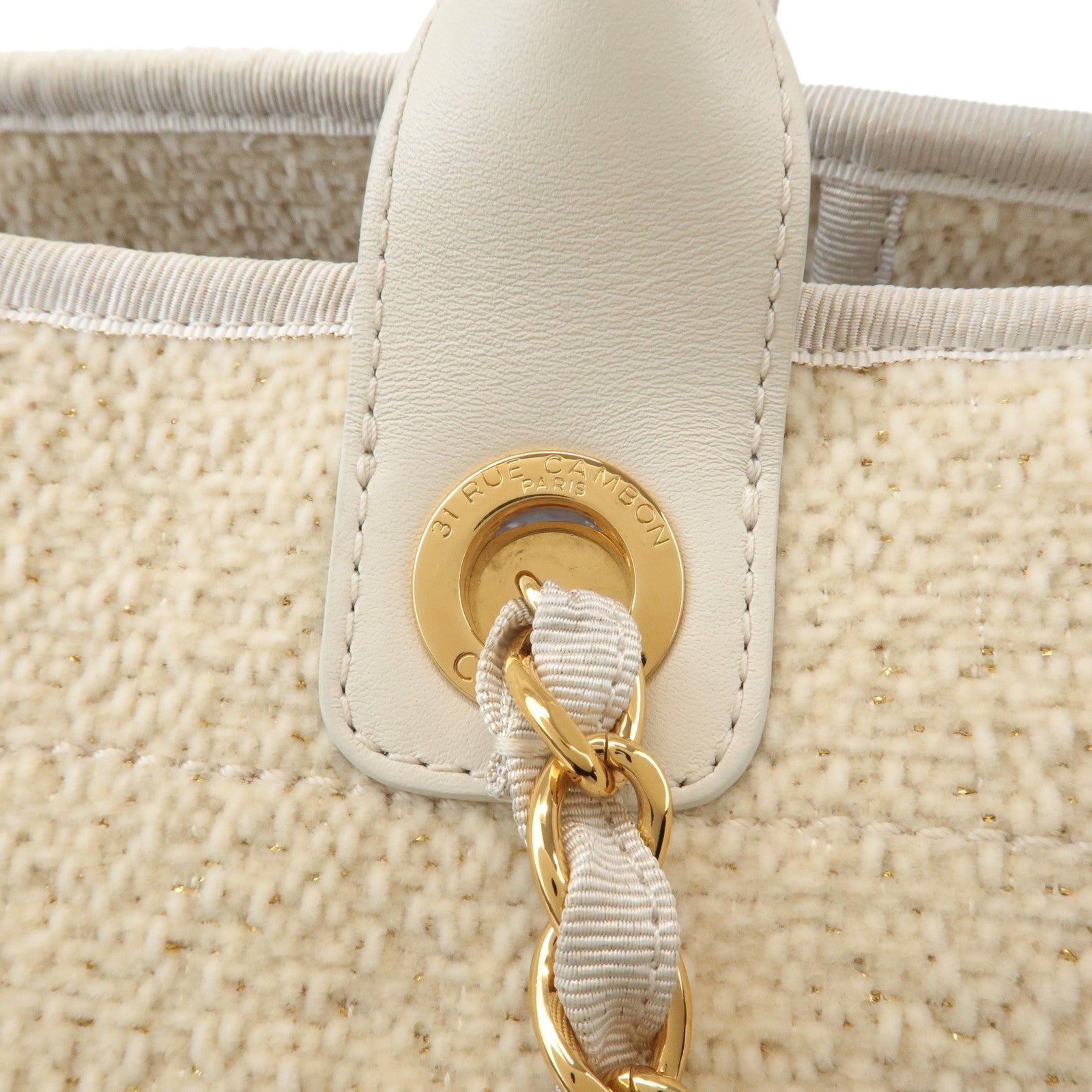 CHANEL Deauville 2Way Leather Tweed Tote Shoulder Bag Ivory Used