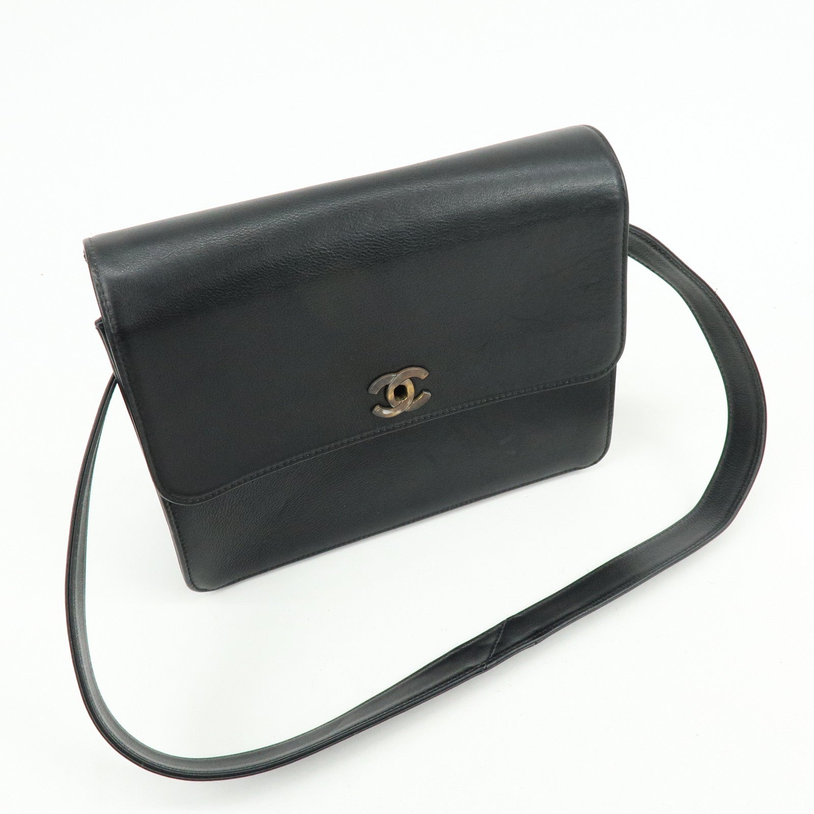 CHANEL Calf Leather Shoulder Bag Black