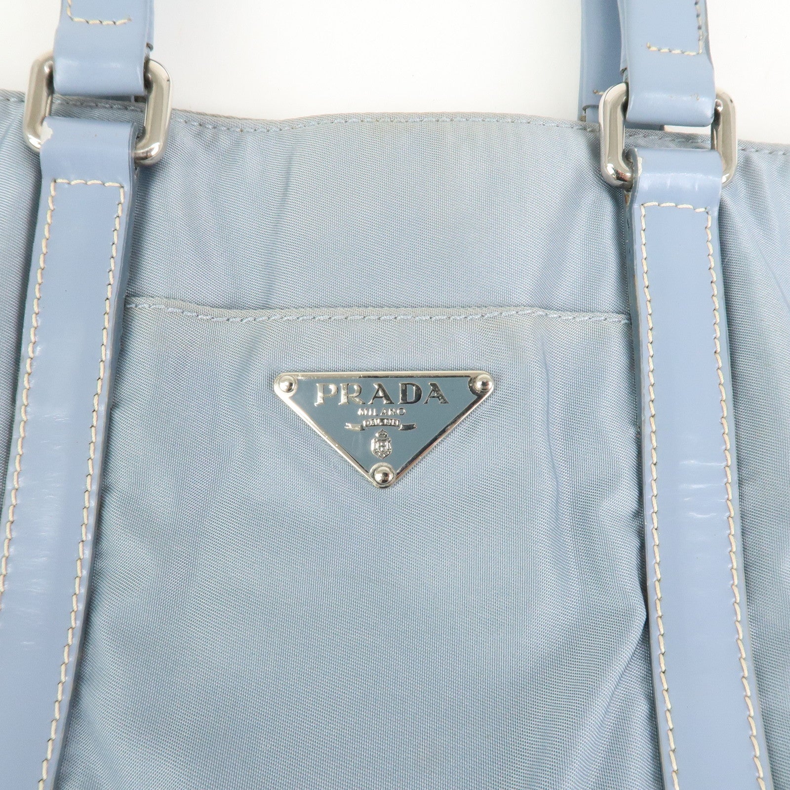 PRADA Triangle Logo Nylon Leather Hand Bag Light Blue