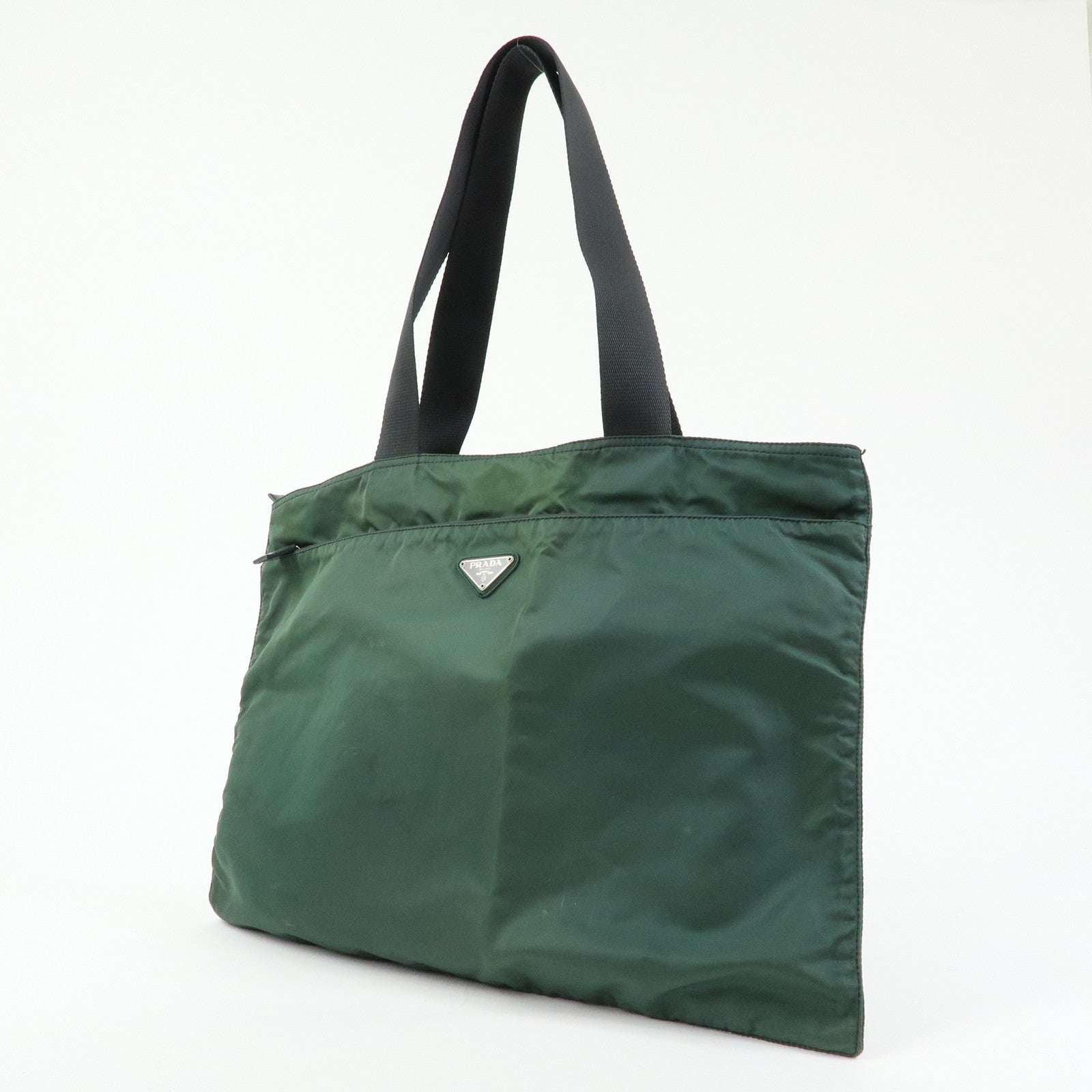 PRADA Triangle Logo Nylon Leather Tote Bag Hand Bag Moss Green