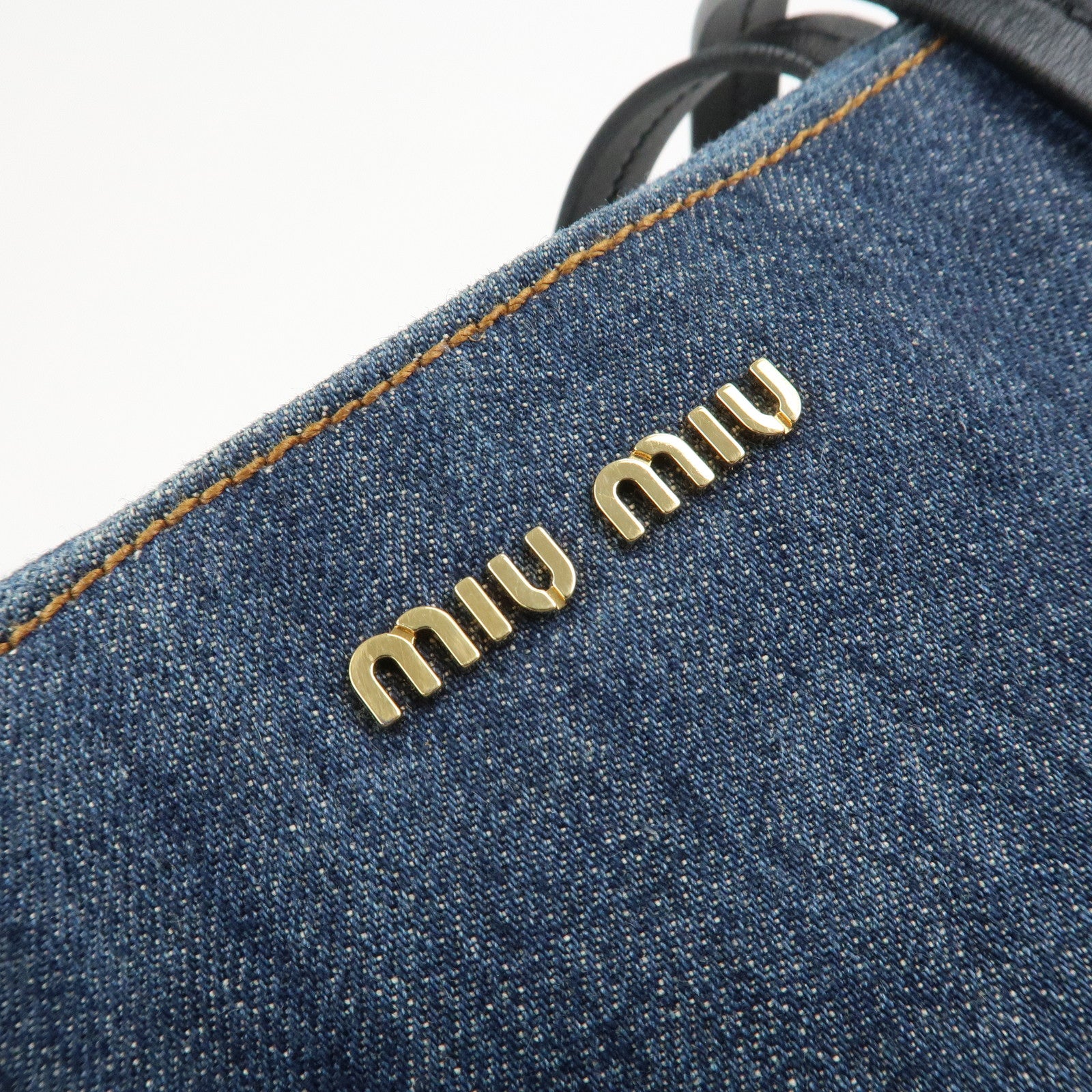 MIU MIU Denim Leather Tote Bag Shoulder Bag Navy 5BG024