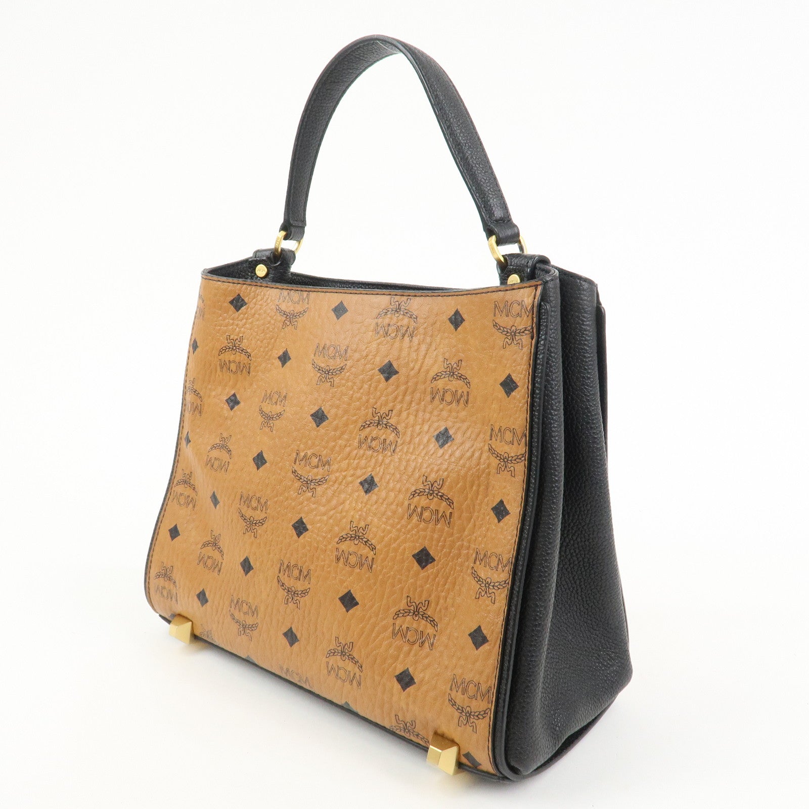 MCM Leather 2Way Bag Hand Bag Shoulder Bag Camel Black