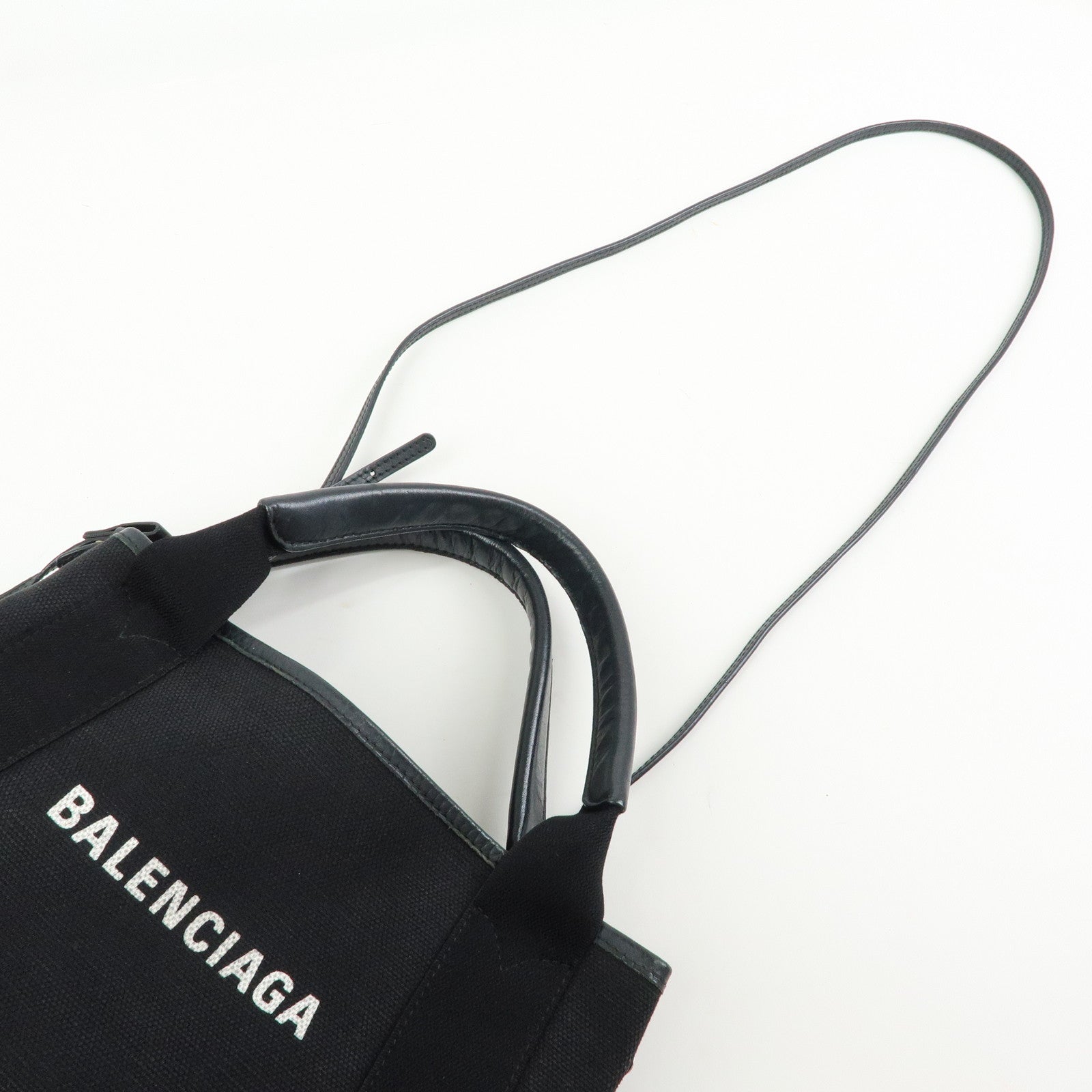 BALENCIAGA Navy Cabas XS Canvas Leather 2Way Bag Black 390346