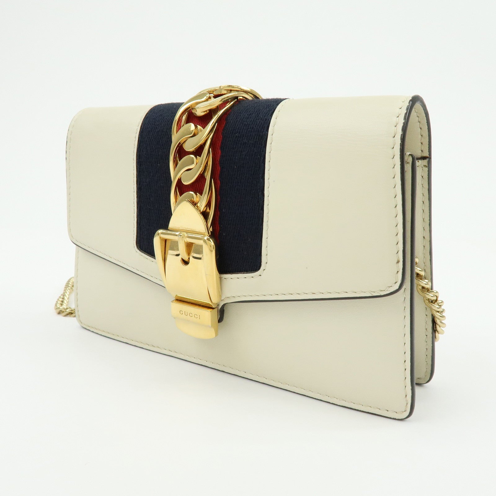GUCCI Sherry Silvie Leather Canvas Chain Shoulder Bag White 494646