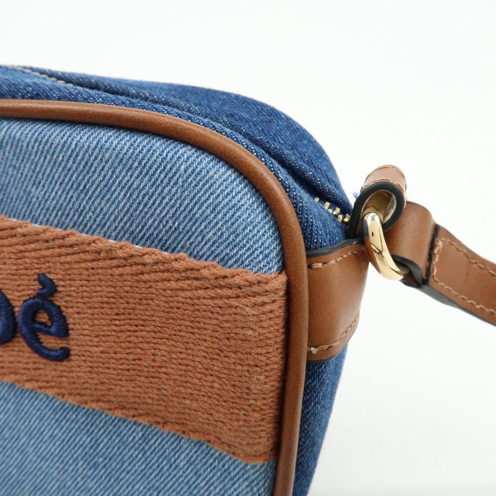 Chloe Denim Leather Canvas Shoulder Bag Crossbody Bag Brown Blue