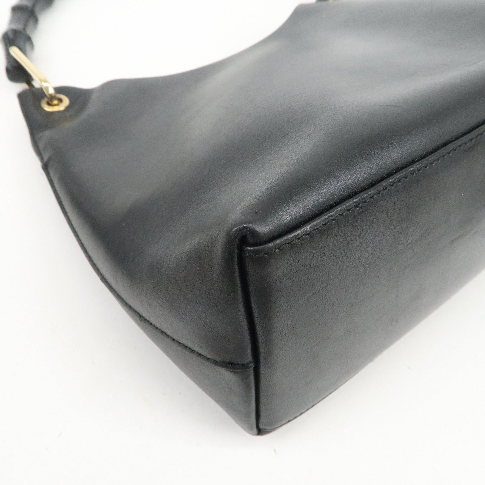 GUCCI Bamboo Leather Shoulder Bag Hand Bag Black Gold