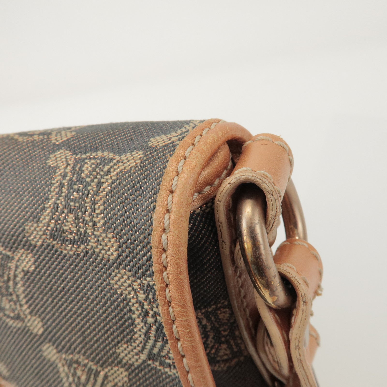 CELINE Macadam Denim Leather Shoulder Bag Metallic Pink Beige