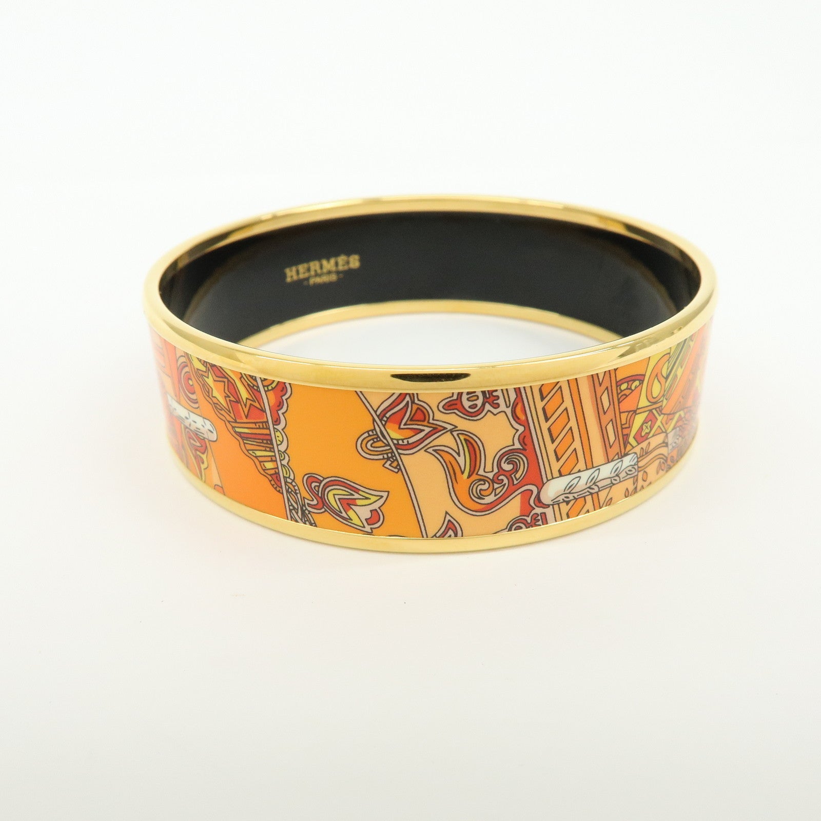 HERMES Gold Plated Email GM Bangle Bracelet Orange Gold