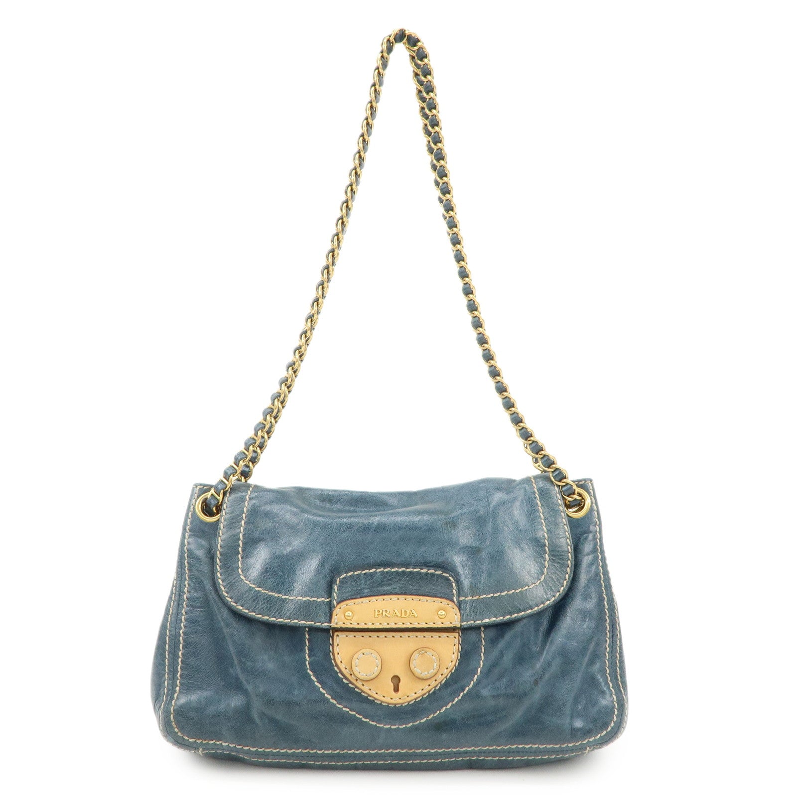 PRADA Leather Chain Shoulder Bag Blue Gold Hardware BR4659 Used