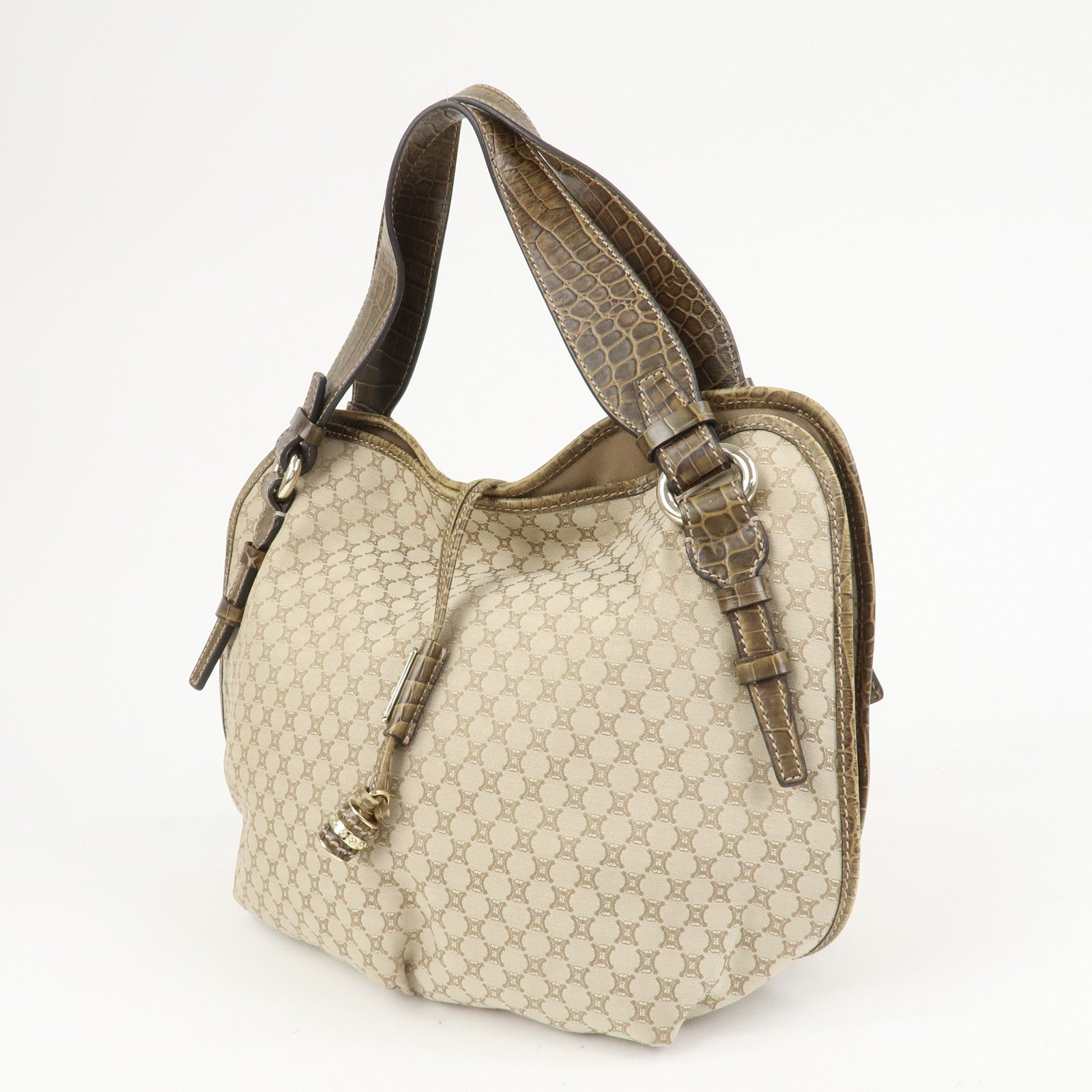 CELINE Macadam Logo Canvas Emboss Leather Shoulder Bag Beige Brown