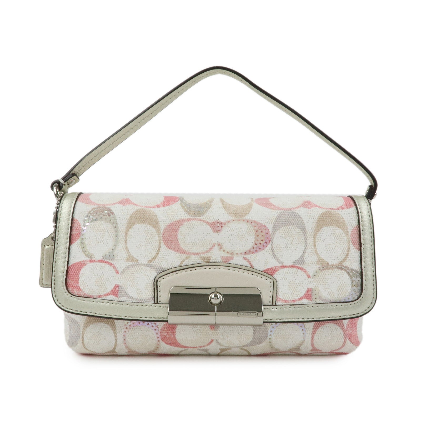 COACH Signature Canvas Sequins Leather Hand Bag Beige Light Gold
