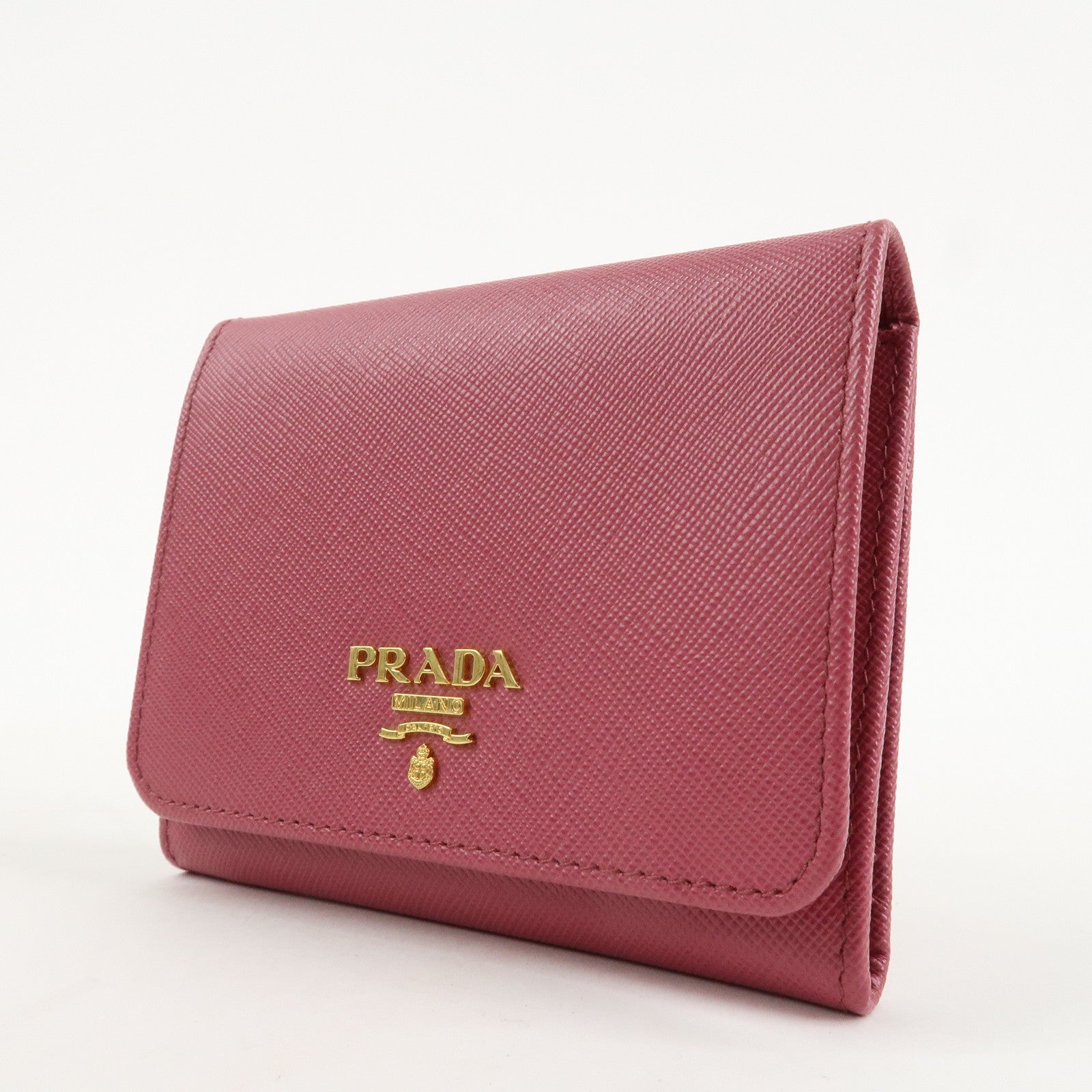 PRADA Logo Saffiano Leather Tri-fold Compact Wallet Pink 1M0176 Used